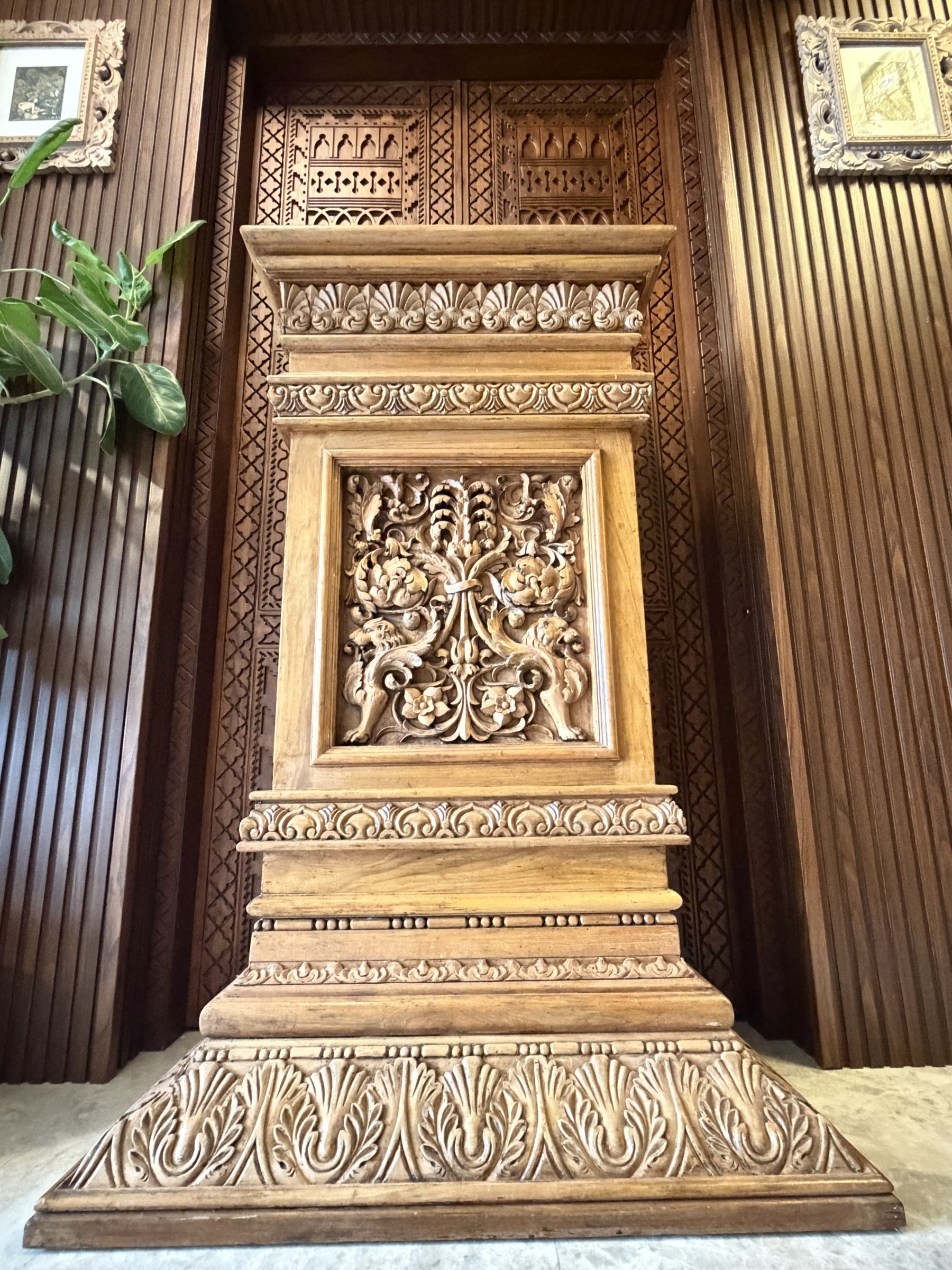 Carved Teak Pedestal with Lion and Acanthus Panels