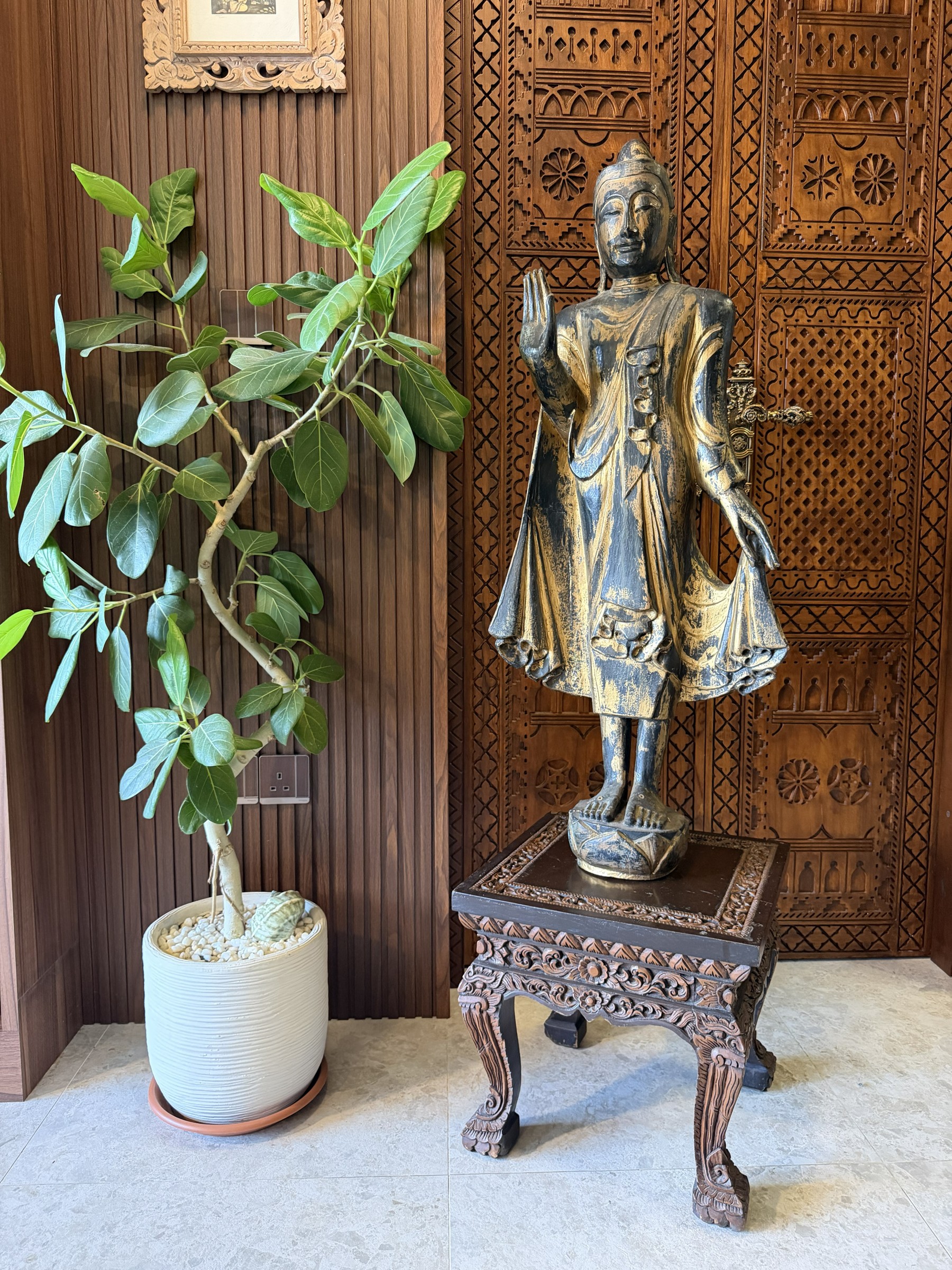 Carved Wood Standing Buddha with Carved Stand