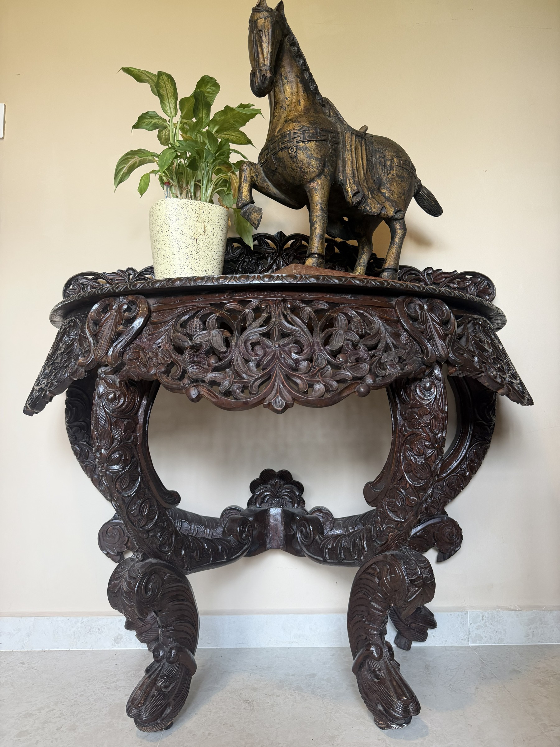 Anglo-Indian Carved Teak Console Table