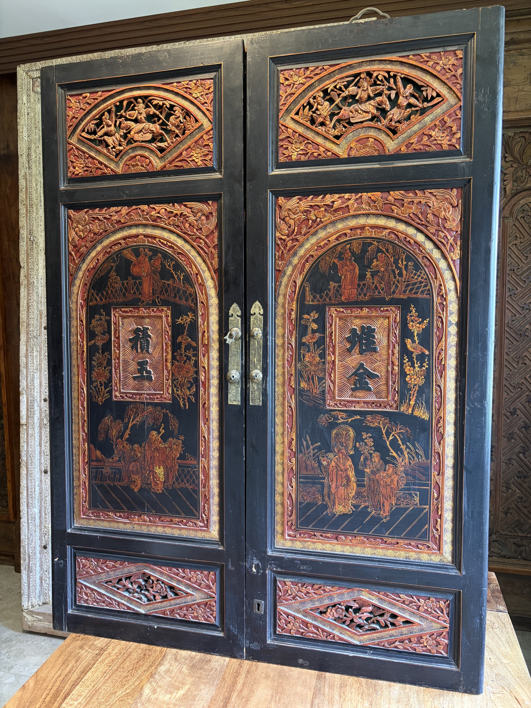 Pair of Teochew Gilt Lacquer Carved Door Panels