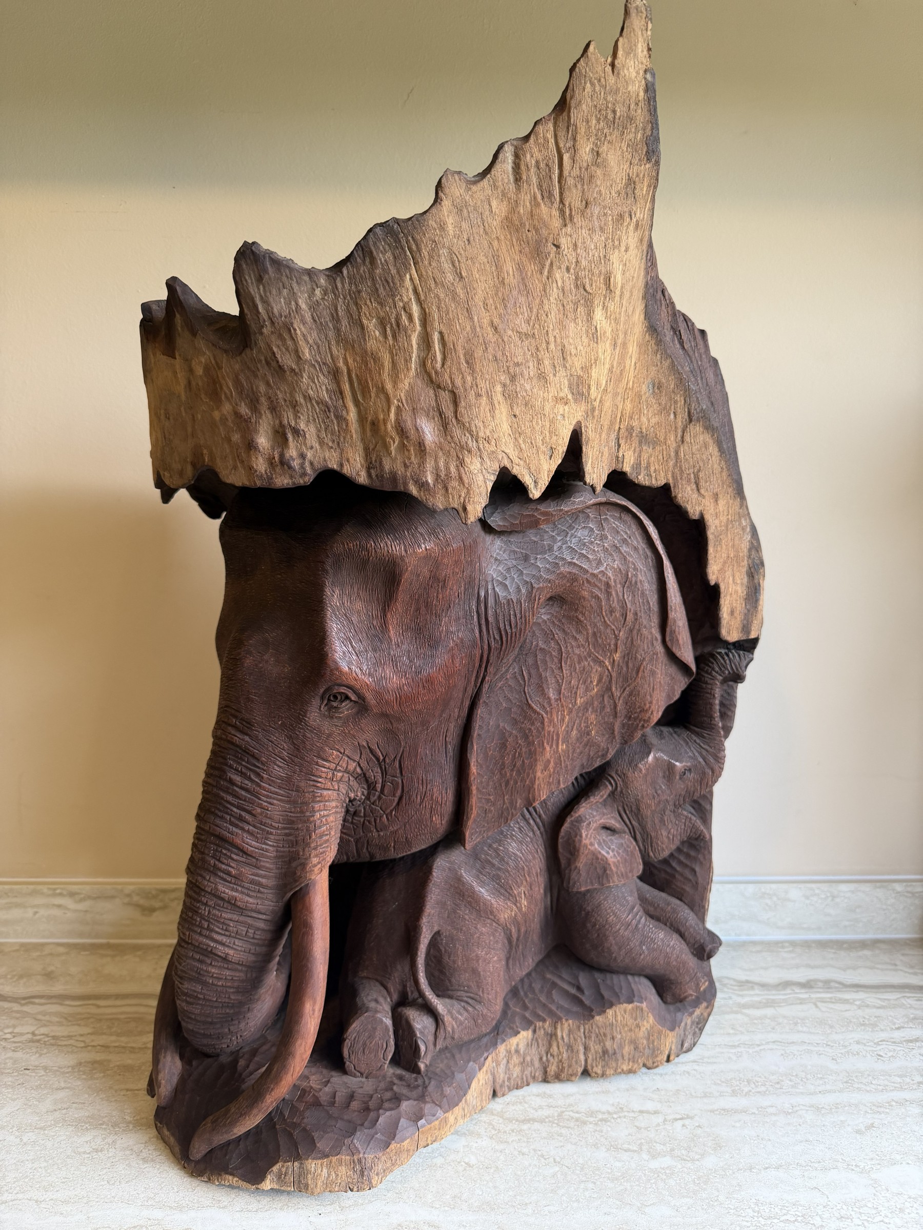 Elephant Mother and Calf Tree Trunk Carving