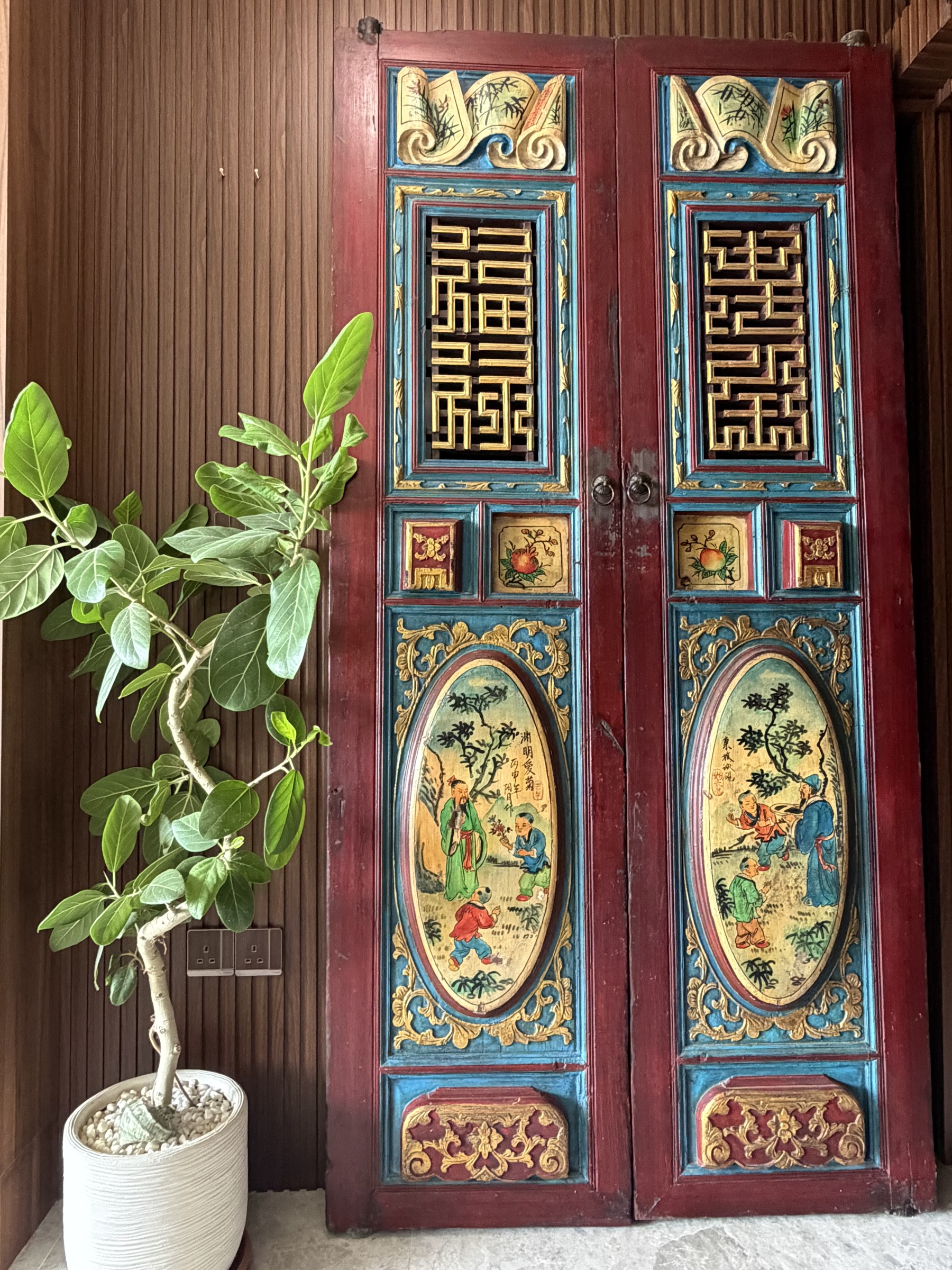 Pair of Fujian Painted Doors with Literati Panels