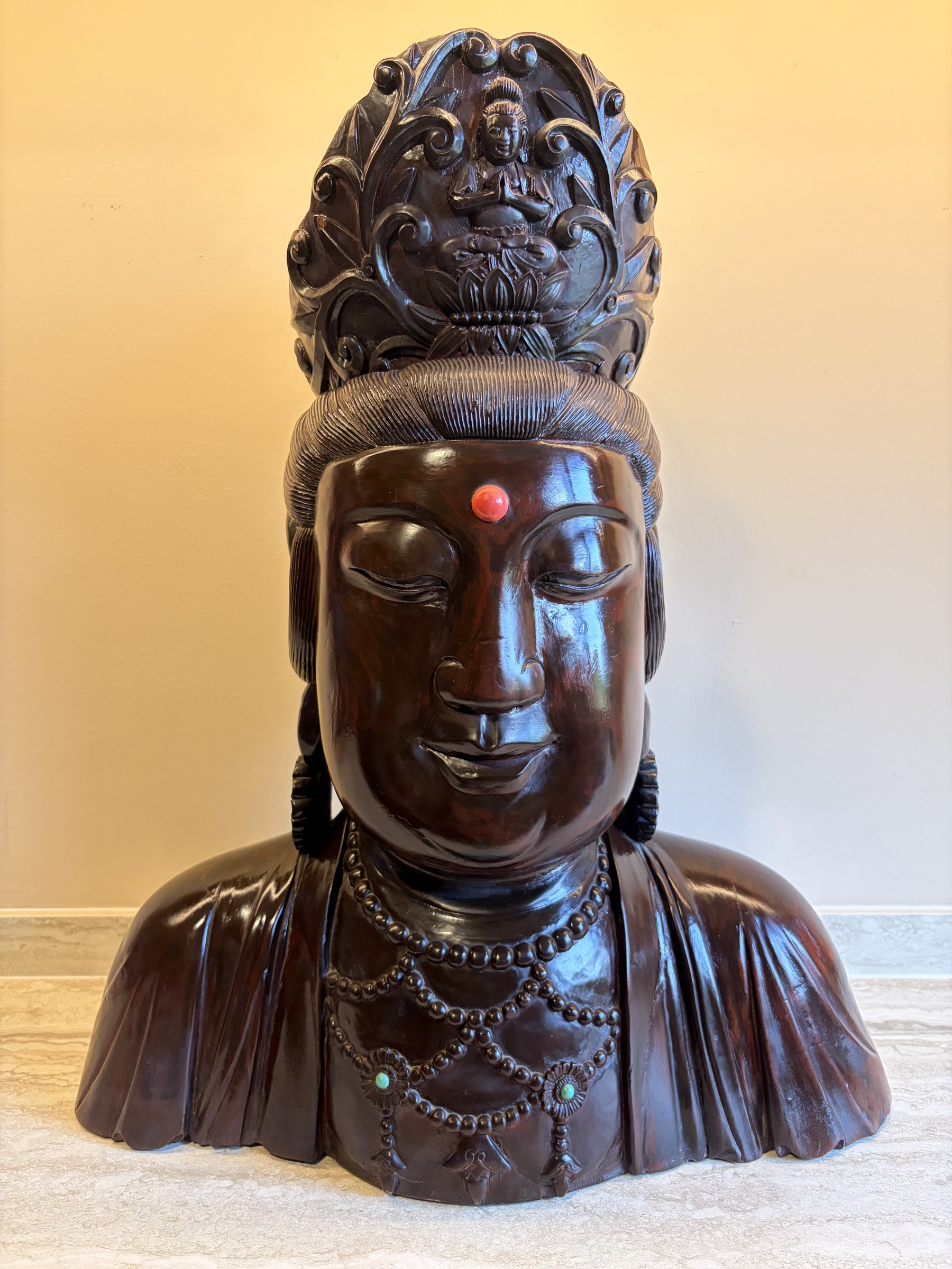 Carved Wood Bust of Guanyin with Amitabha Crown