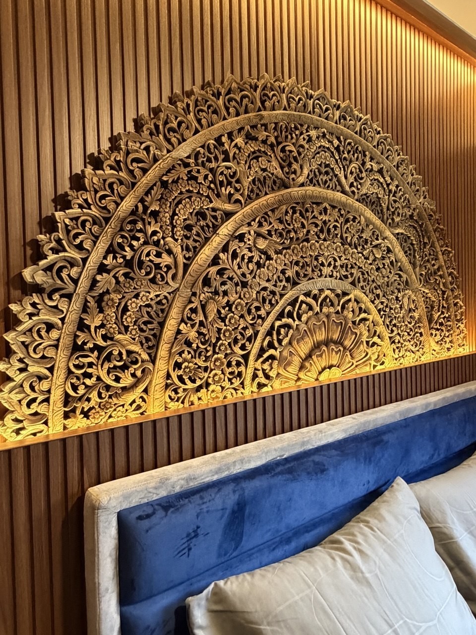 Carved Teak Lotus Mandala Headboard Panel