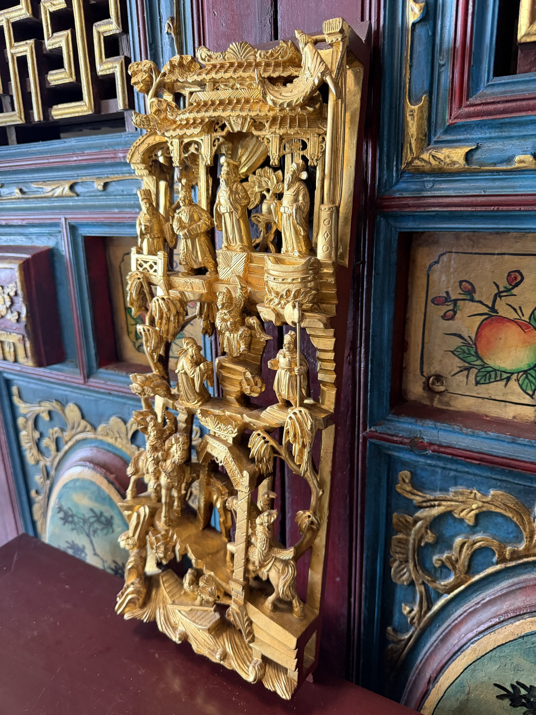 Teochew Gilt Woodcarving Panel with Pavilion Scenes