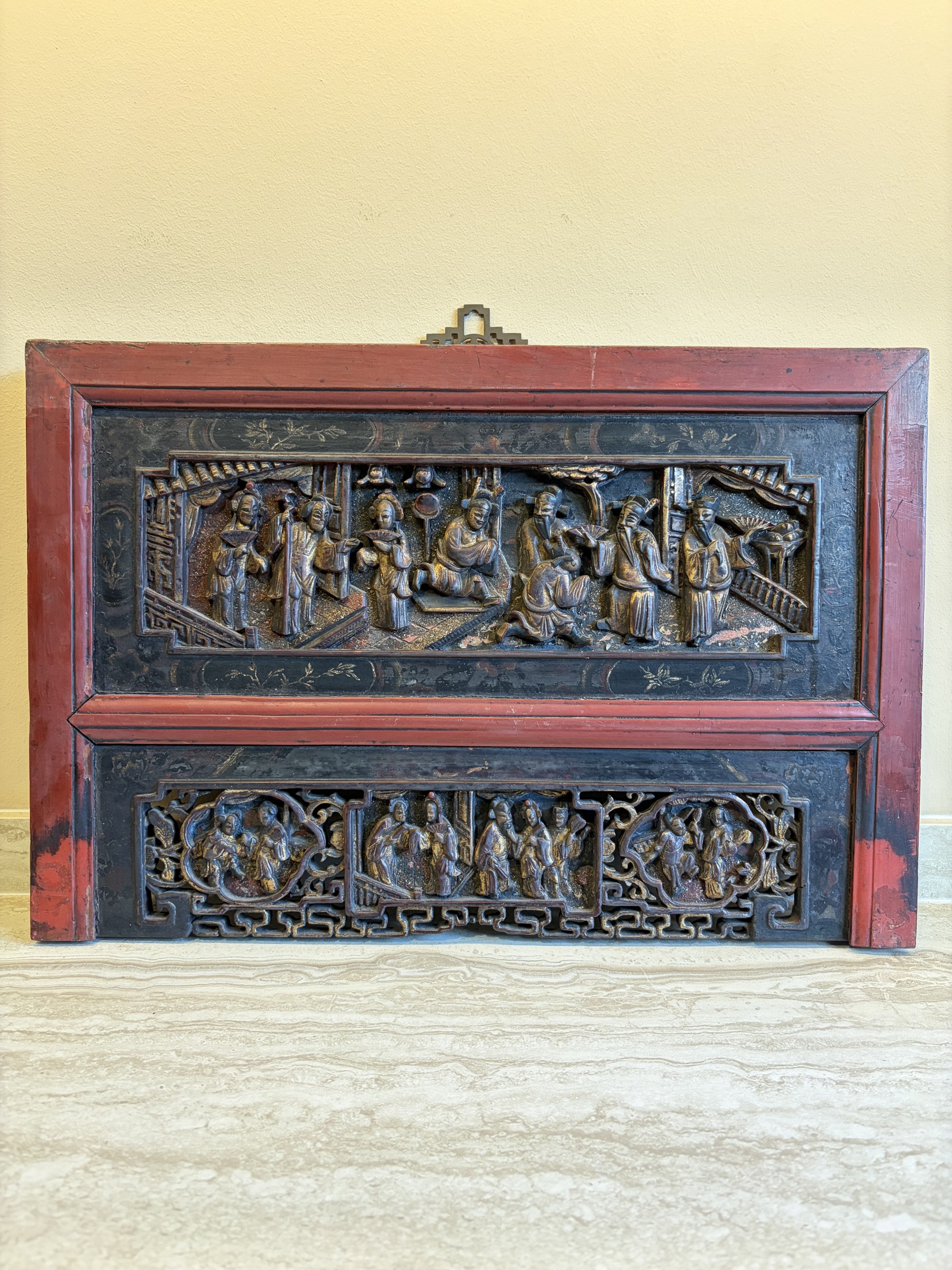 Teochew Gilt Lacquer Panel with Court Scenes