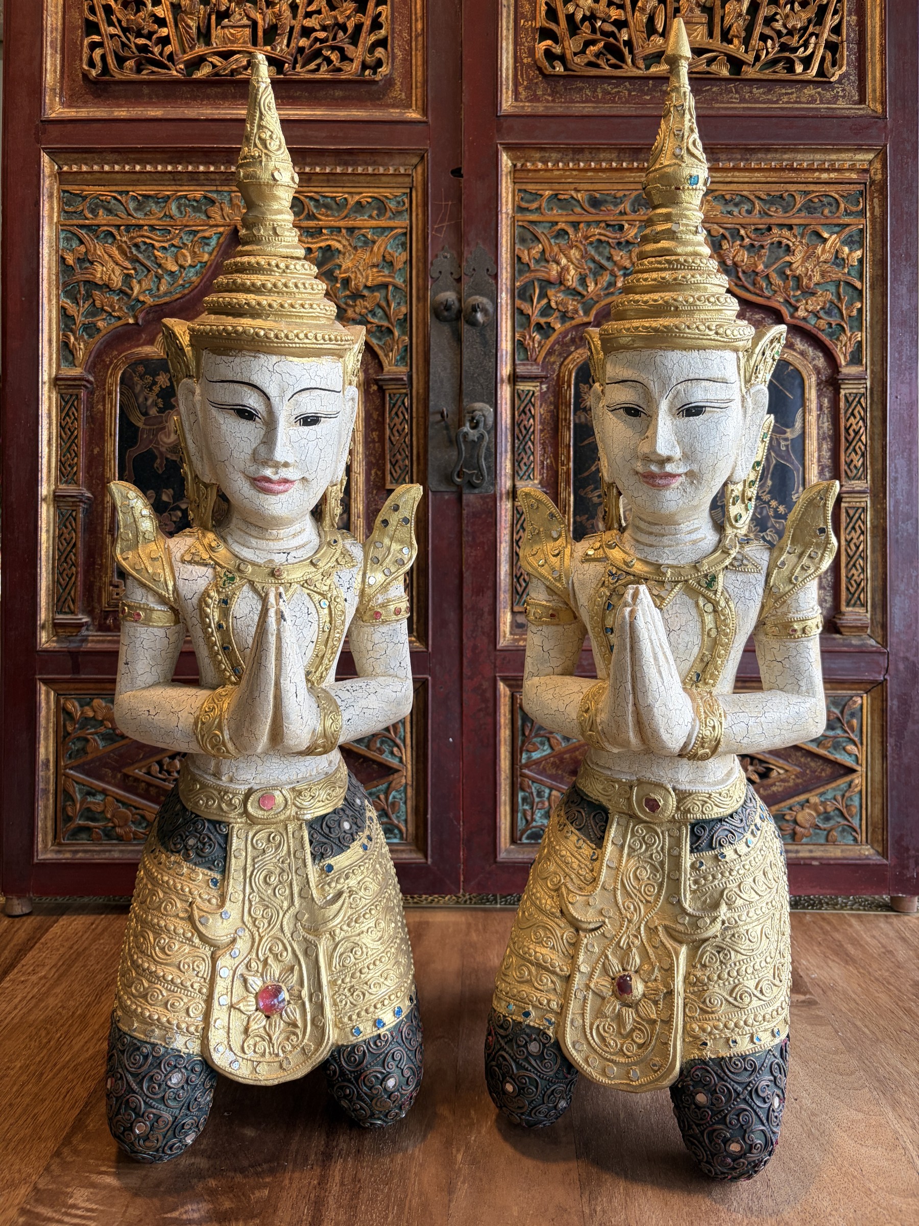 Pair of Burmese Kneeling Temple Guardians