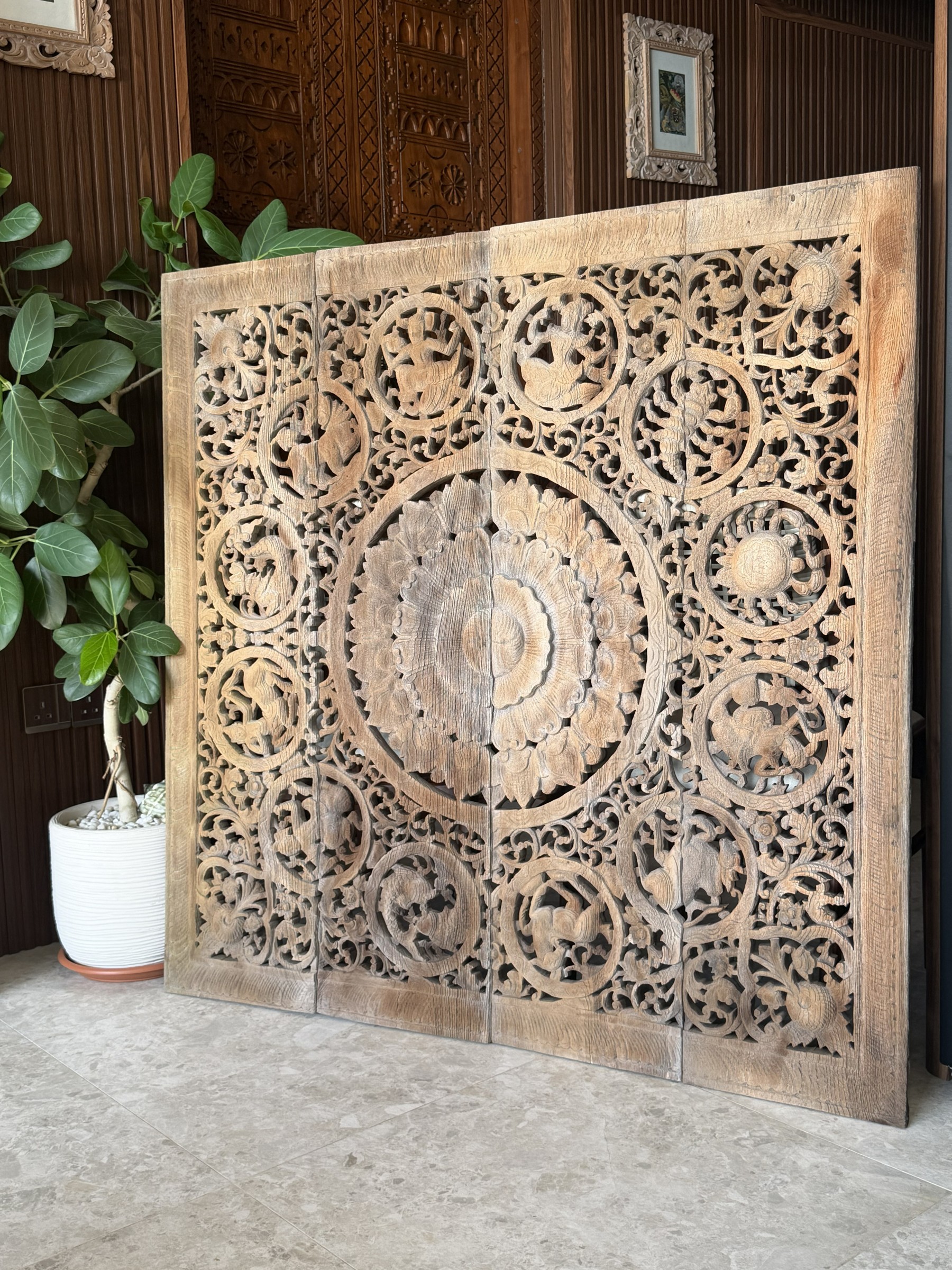 Carved Teak Zodiac Panel Set with Lotus Medallion