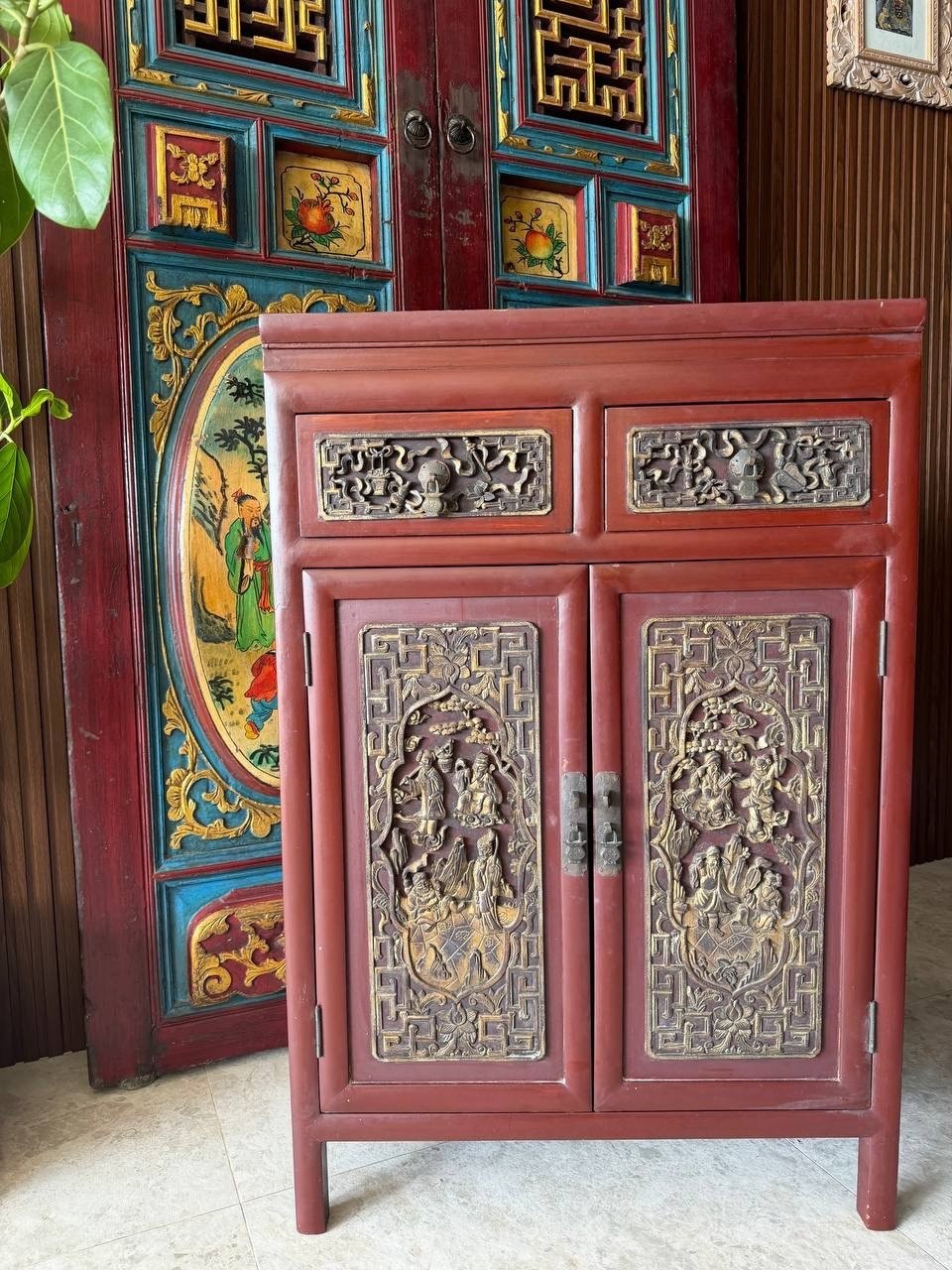 Teochew Red Lacquer Cabinet with Gilt Carved Panels
