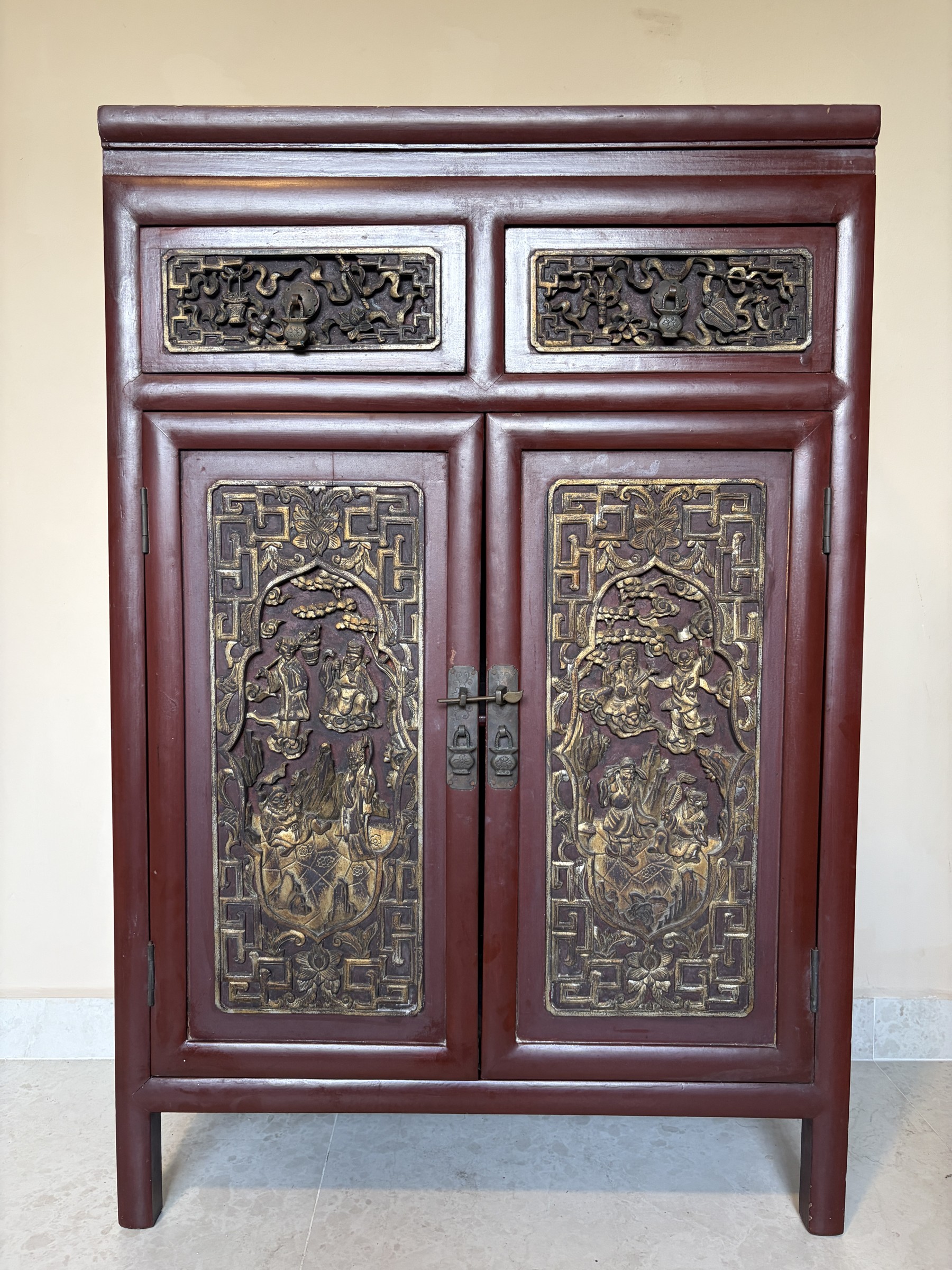 Teochew Red Lacquer Cabinet with Gilt Carved Panels view 2
