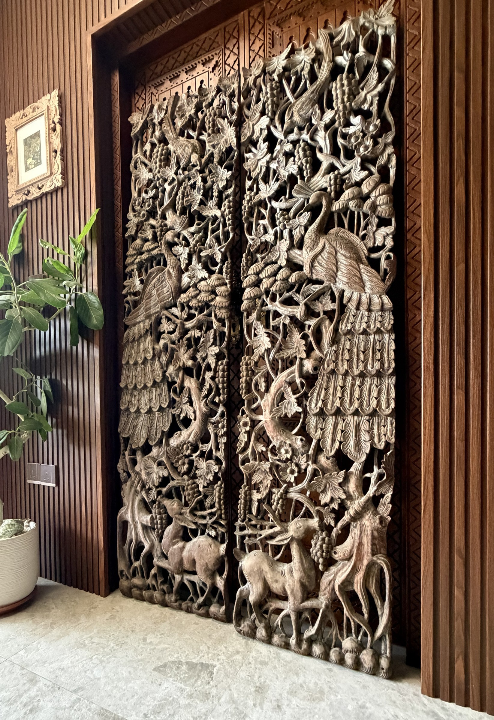 Pair of Carved Teak Wall Panels with Peacocks and Grapevines view 2
