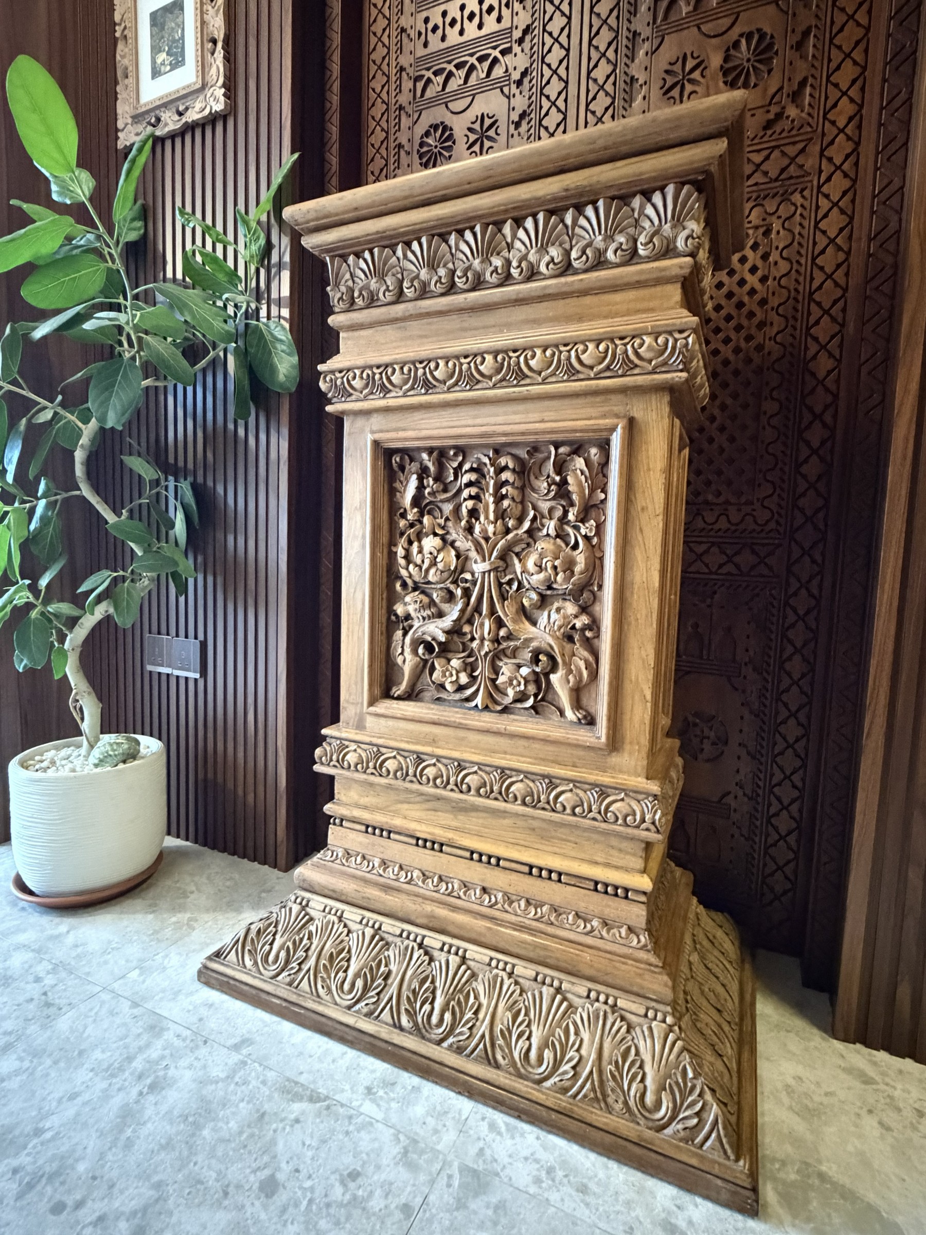 Carved Teak Pedestal with Lion and Acanthus Panels view 2