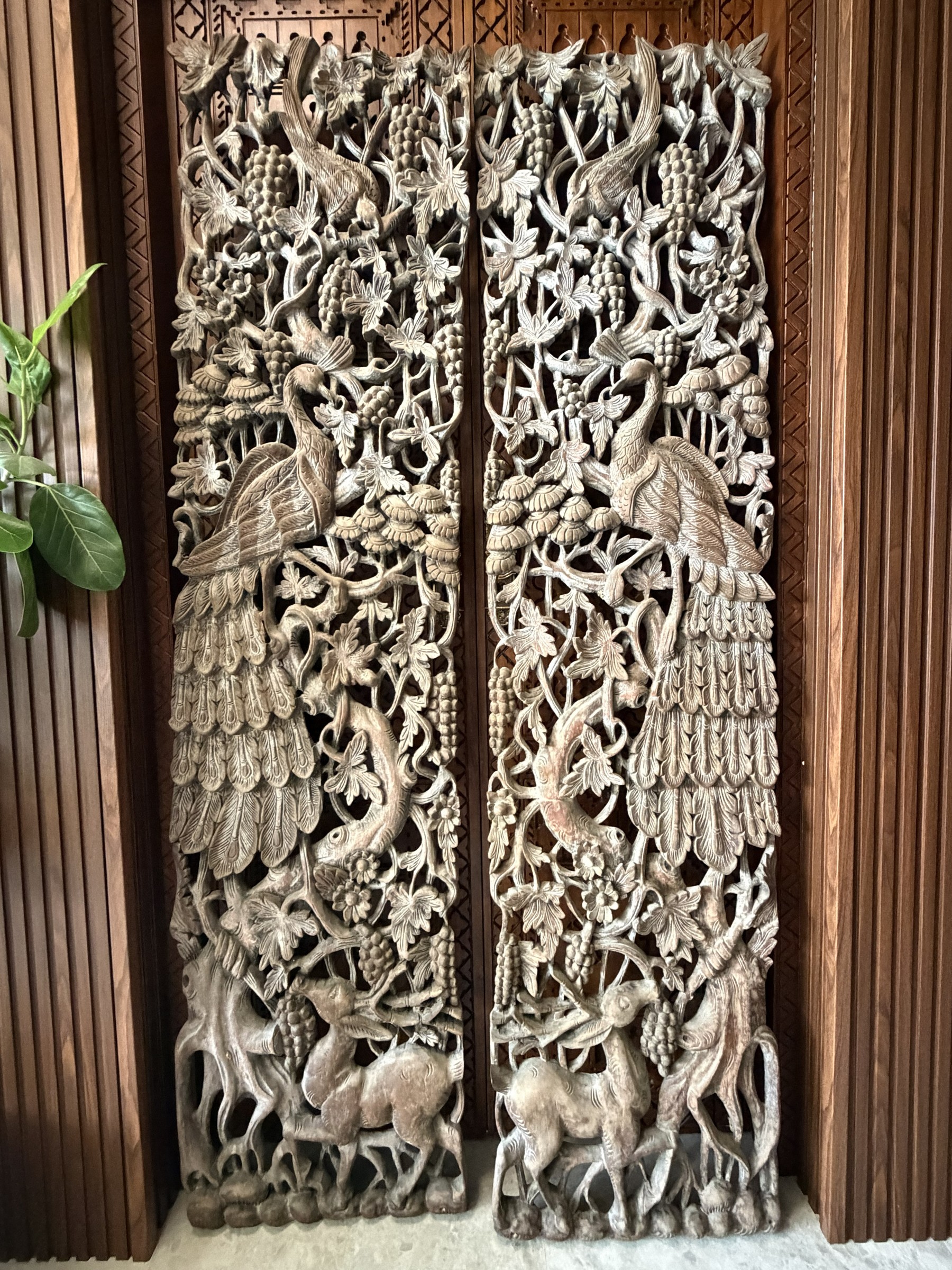 Pair of Carved Teak Wall Panels with Peacocks and Grapevines view 3