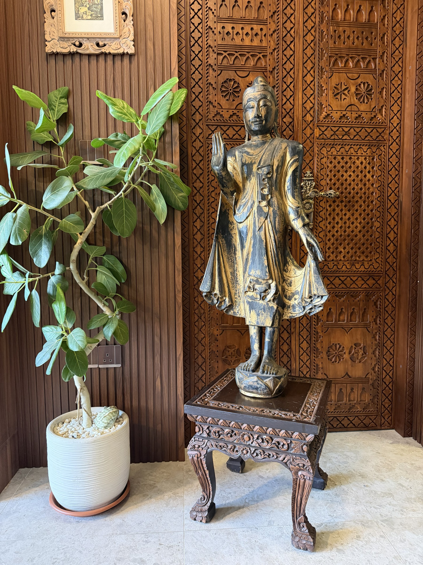 Carved Wood Standing Buddha with Carved Stand view 2