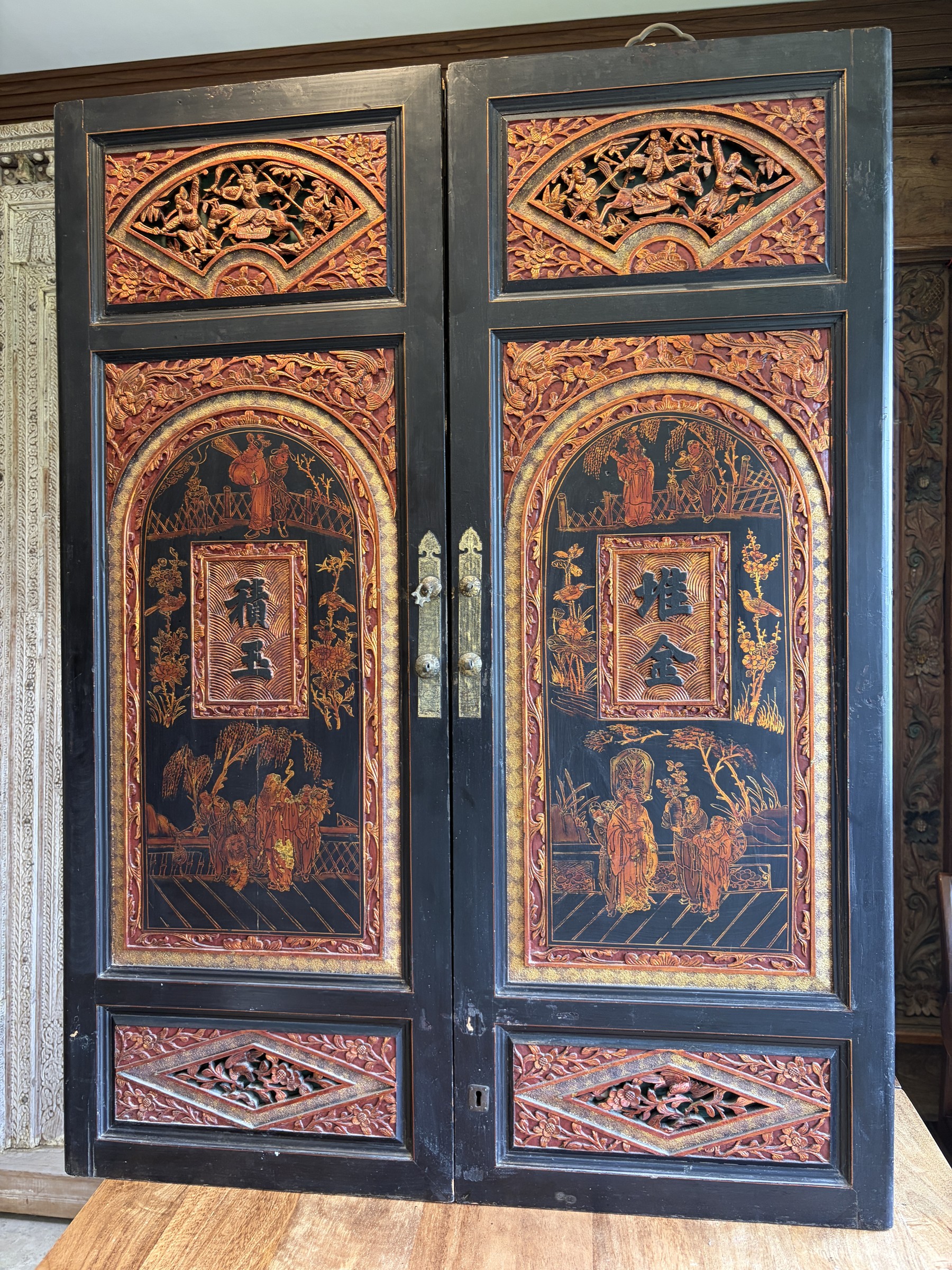 Pair of Teochew Gilt Lacquer Carved Door Panels view 2