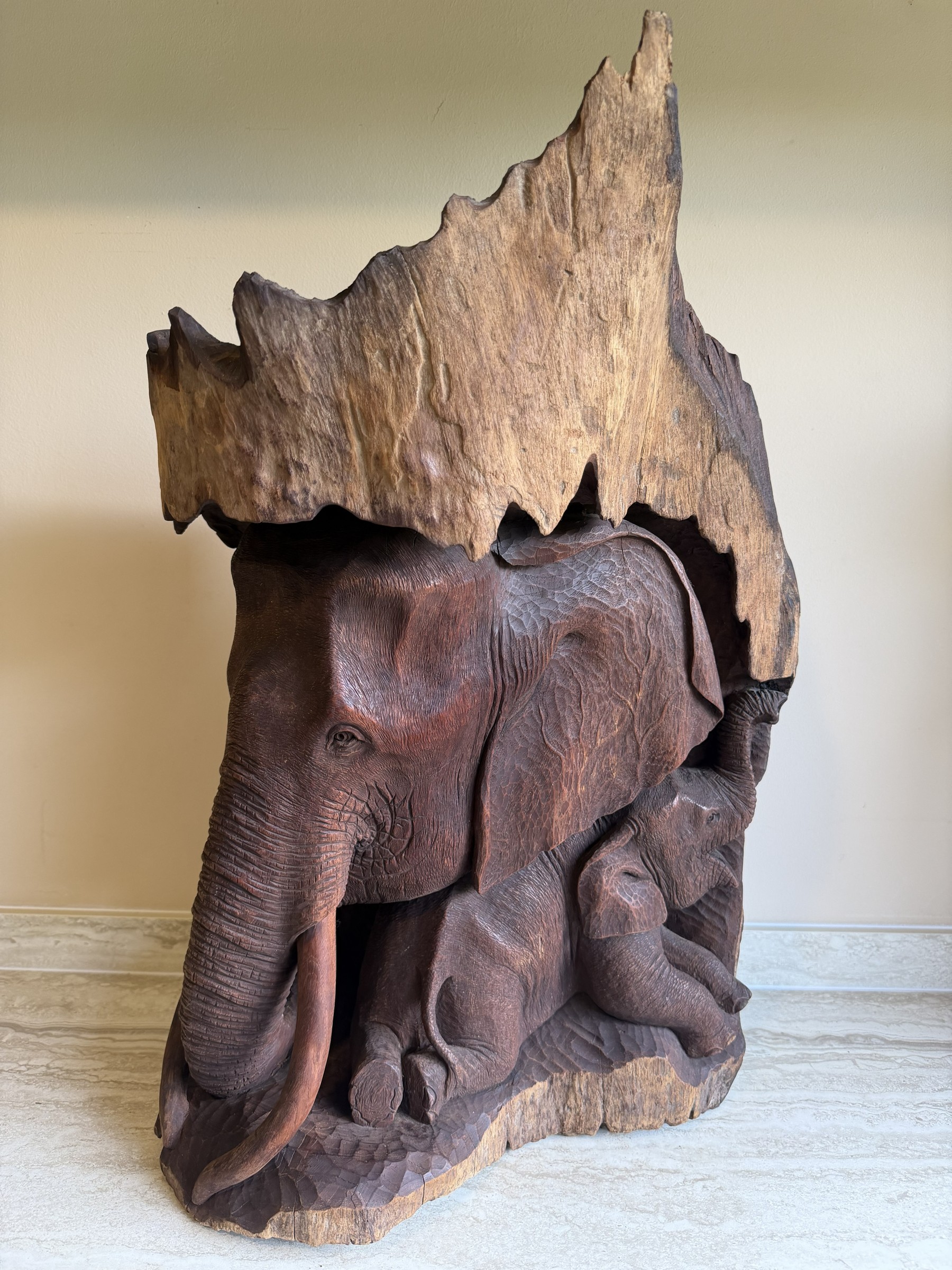 Elephant Mother and Calf Tree Trunk Carving view 2