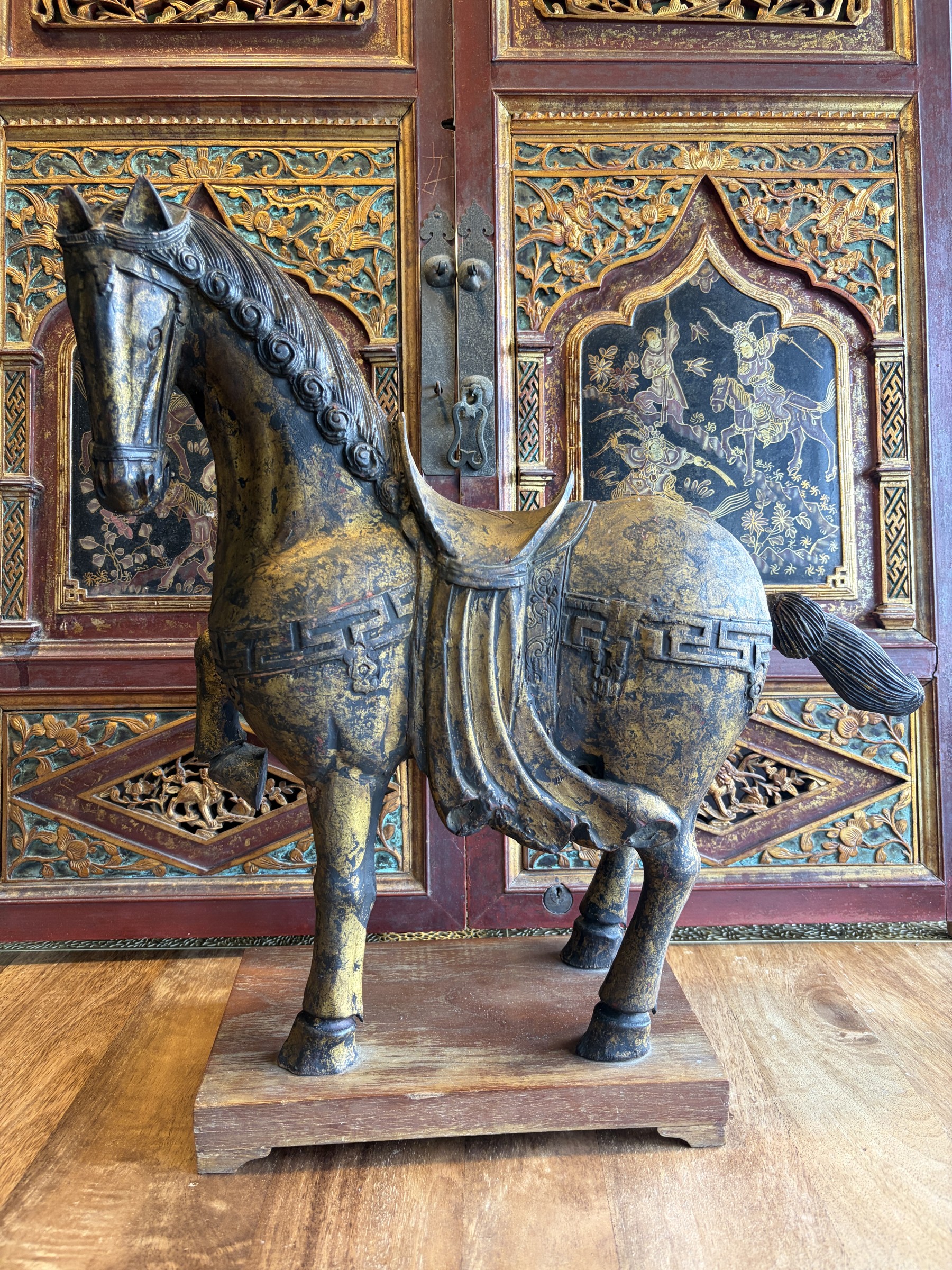 Gilt Lacquered Tang-Style Horse with Raised Foreleg view 2