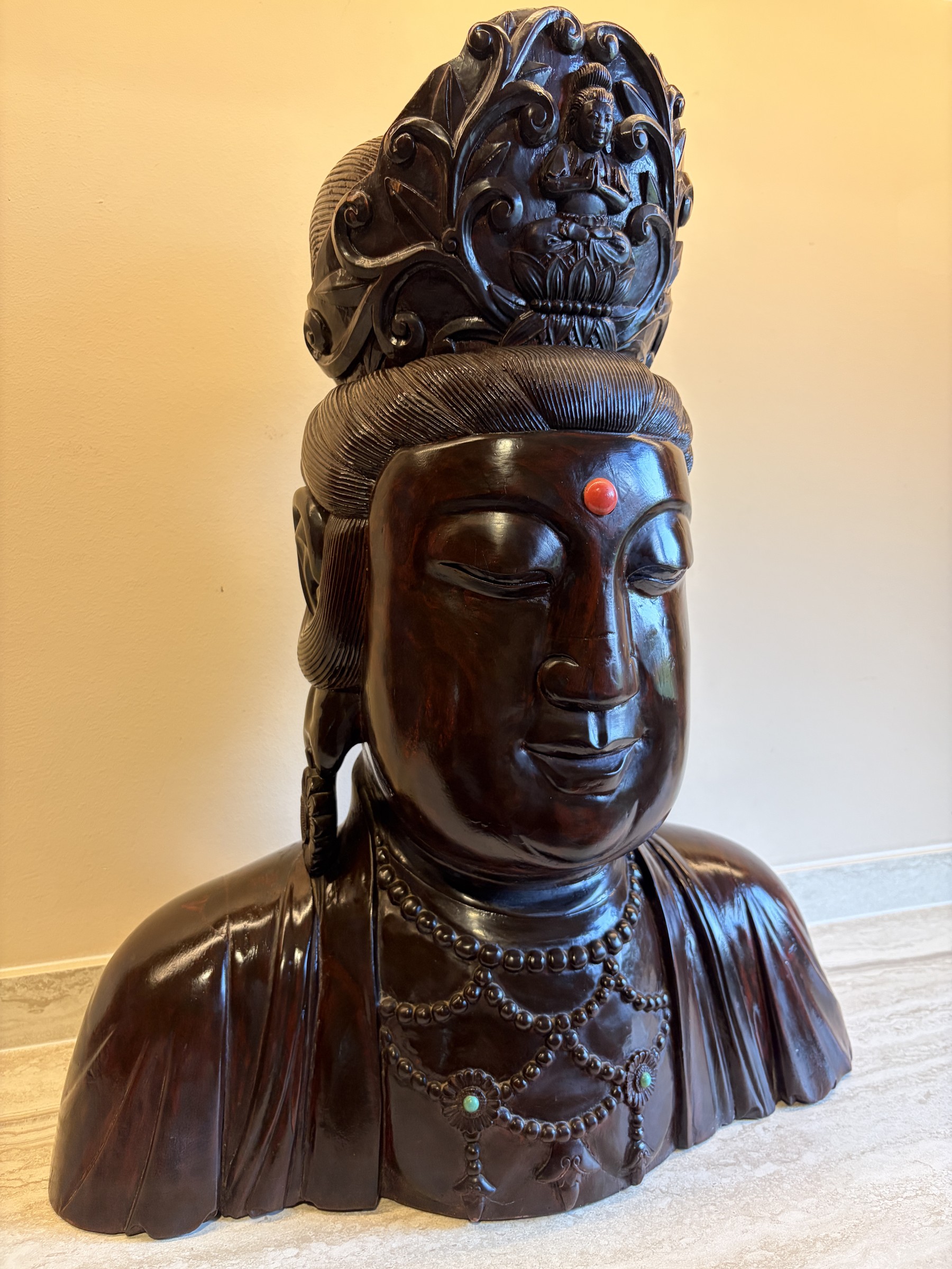 Carved Wood Bust of Guanyin with Amitabha Crown view 2