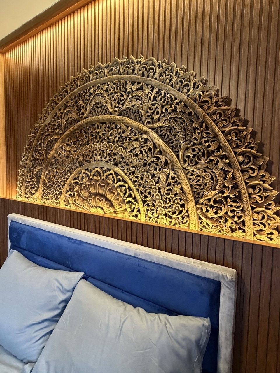 Carved Teak Lotus Mandala Headboard Panel view 2