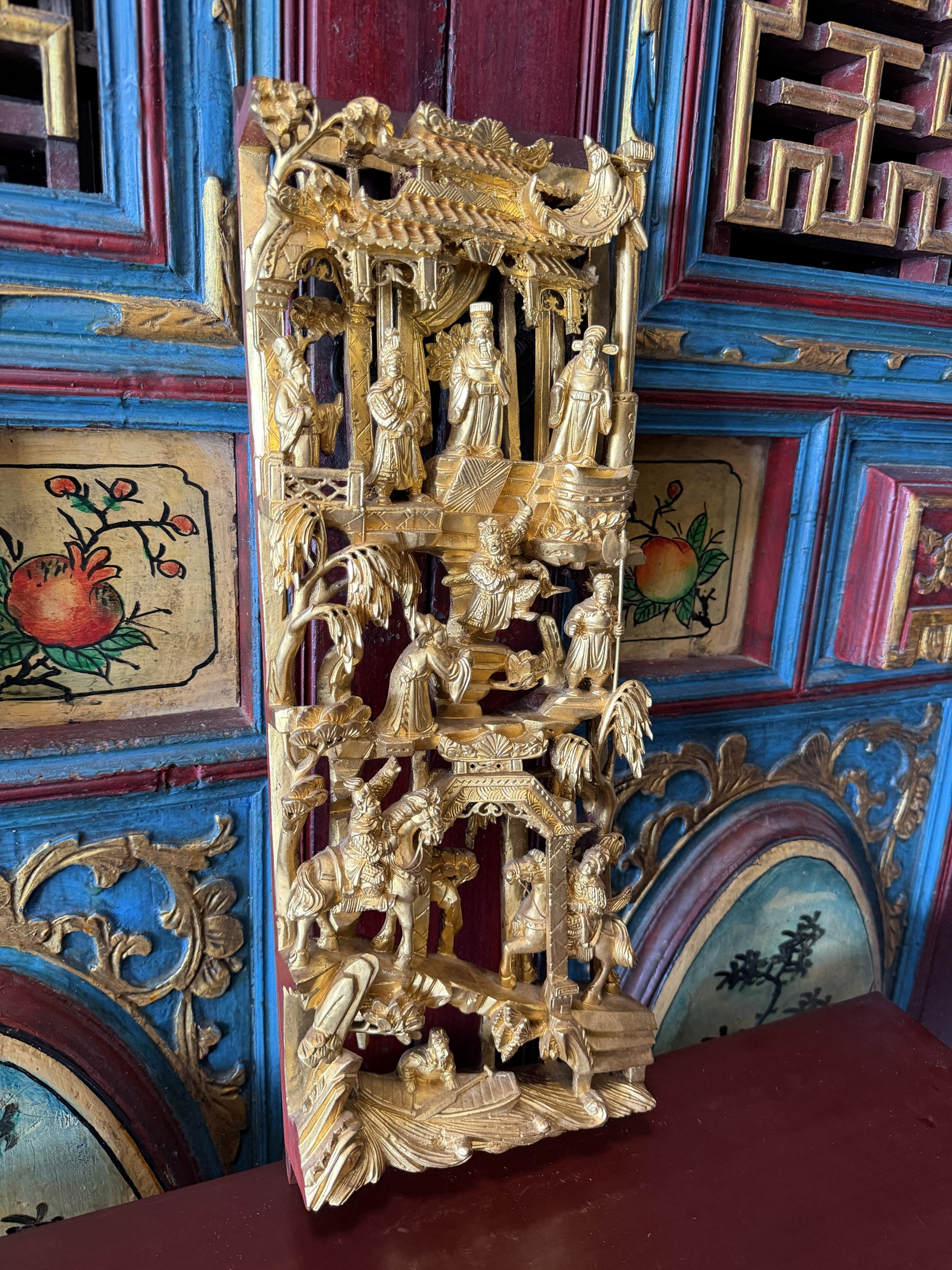 Teochew Gilt Woodcarving Panel with Pavilion Scenes view 2