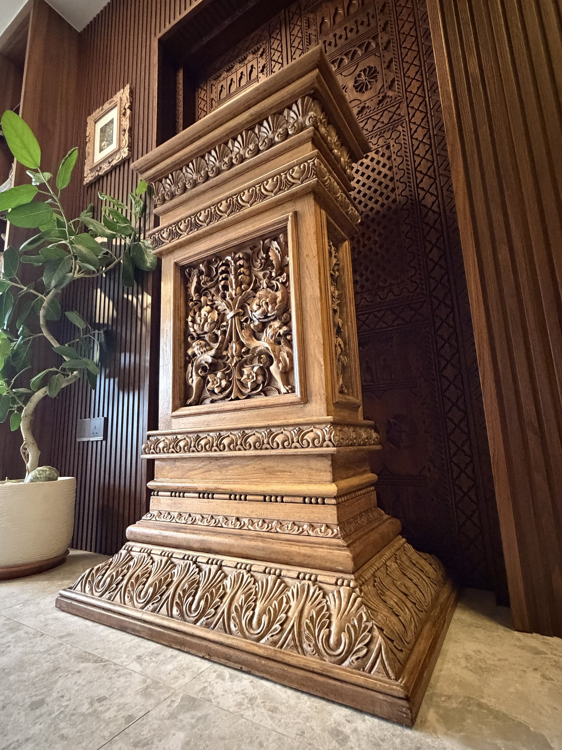 Carved Teak Pedestal with Lion and Acanthus Panels view 3