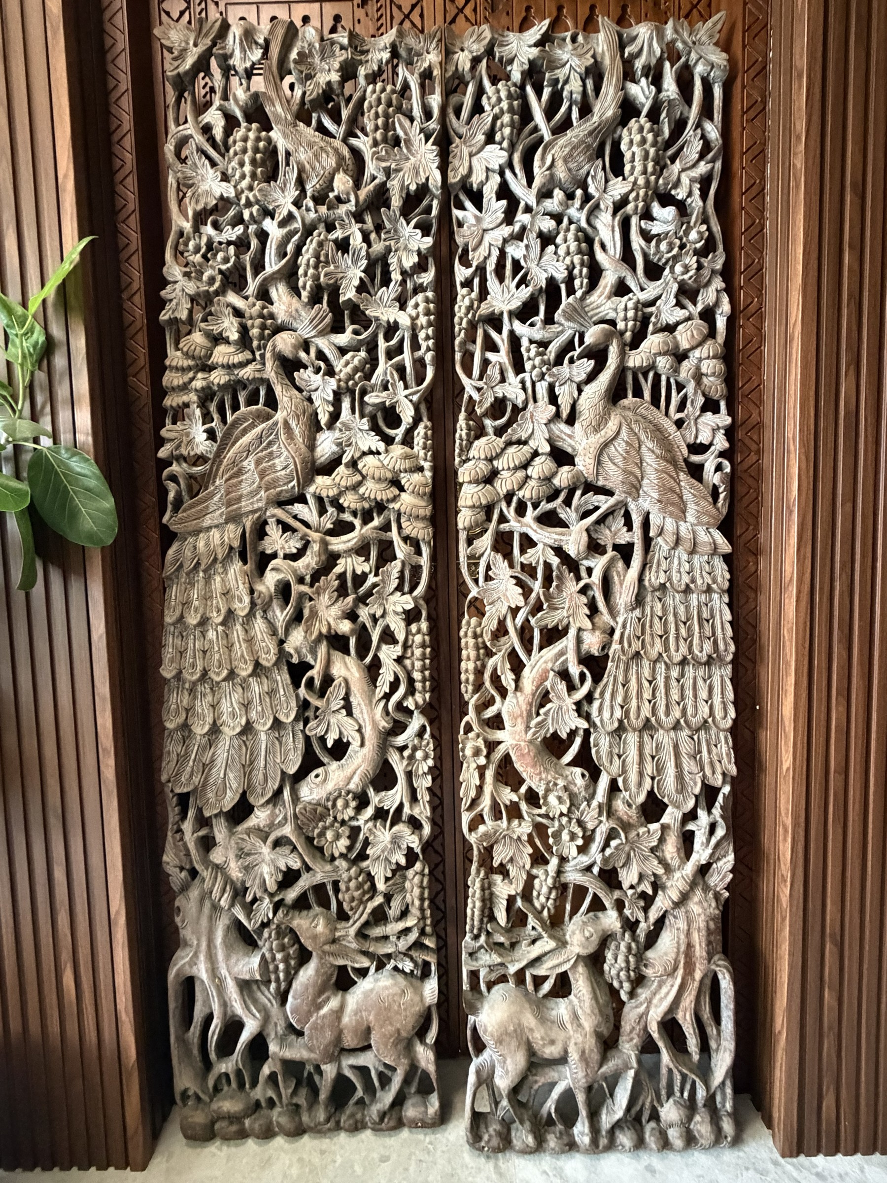 Pair of Carved Teak Wall Panels with Peacocks and Grapevines view 4
