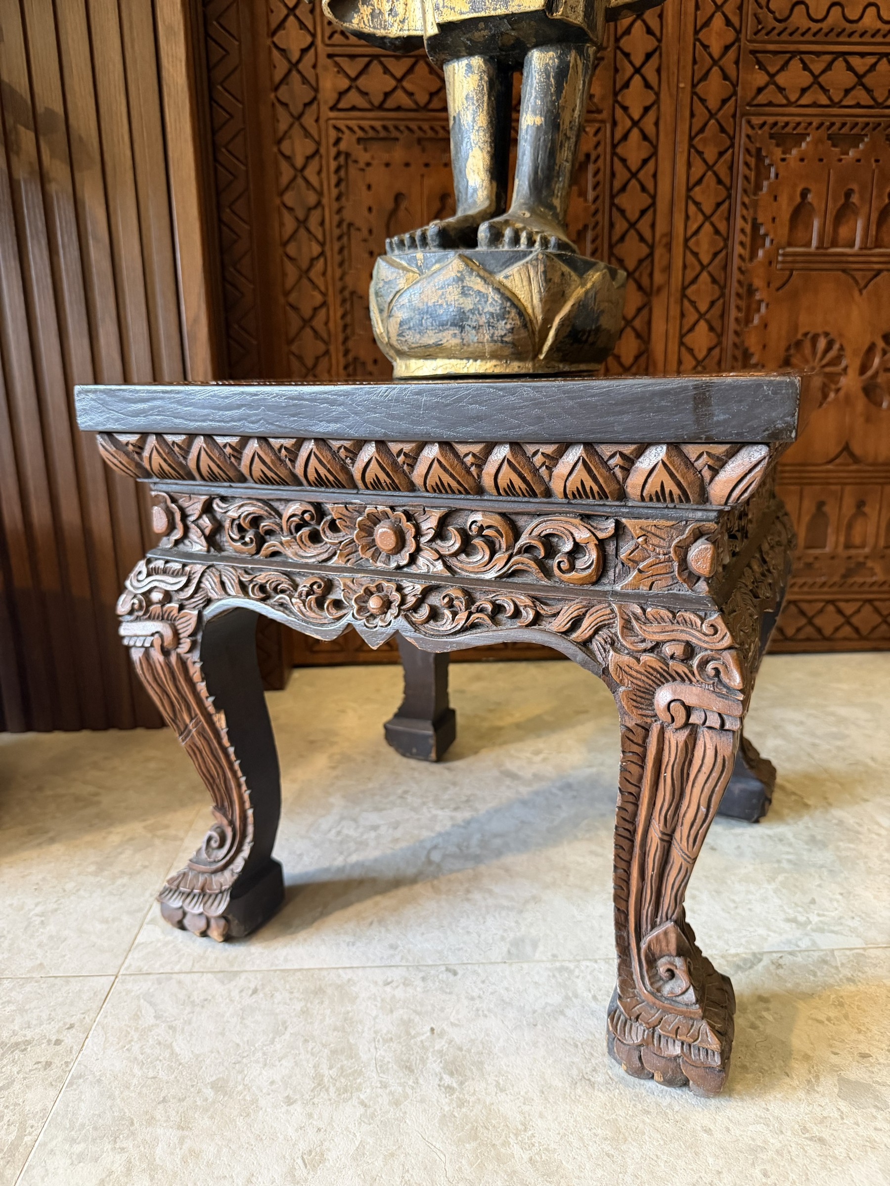 Carved Wood Standing Buddha with Carved Stand view 3