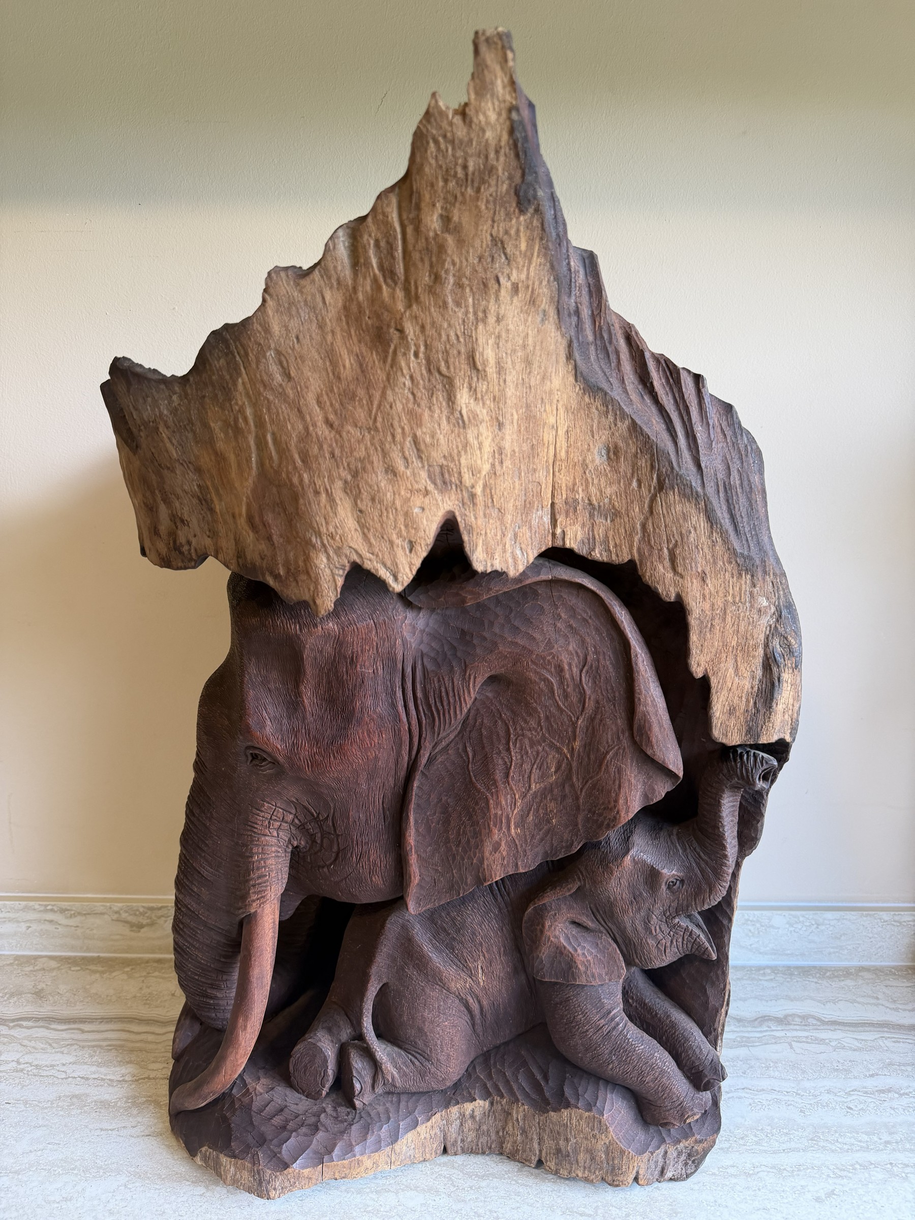 Elephant Mother and Calf Tree Trunk Carving view 3
