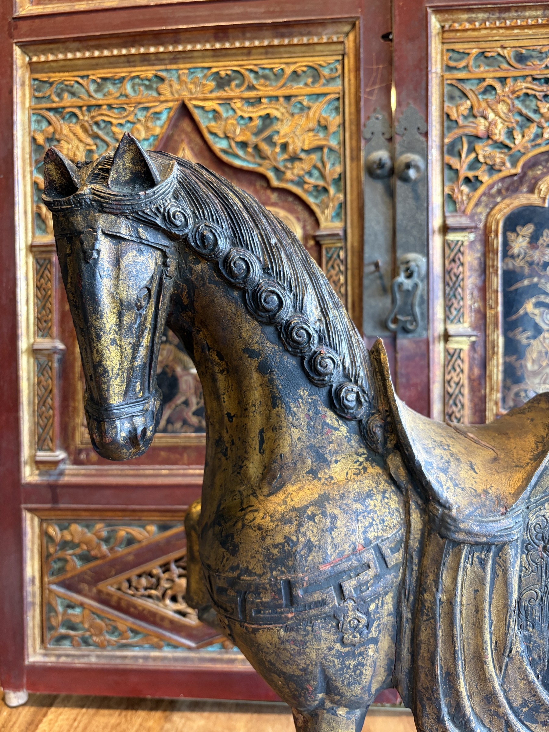 Gilt Lacquered Tang-Style Horse with Raised Foreleg view 3