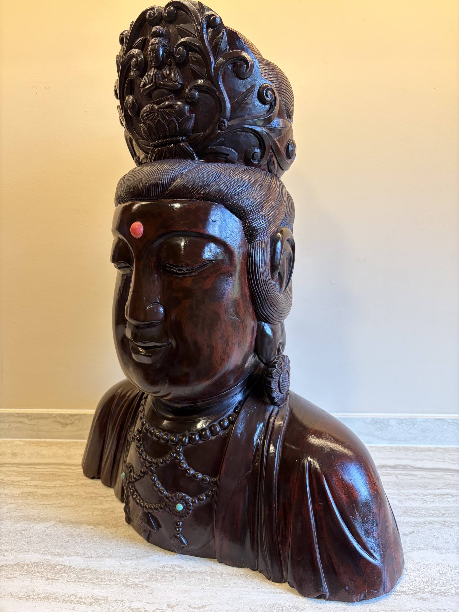 Carved Wood Bust of Guanyin with Amitabha Crown view 3