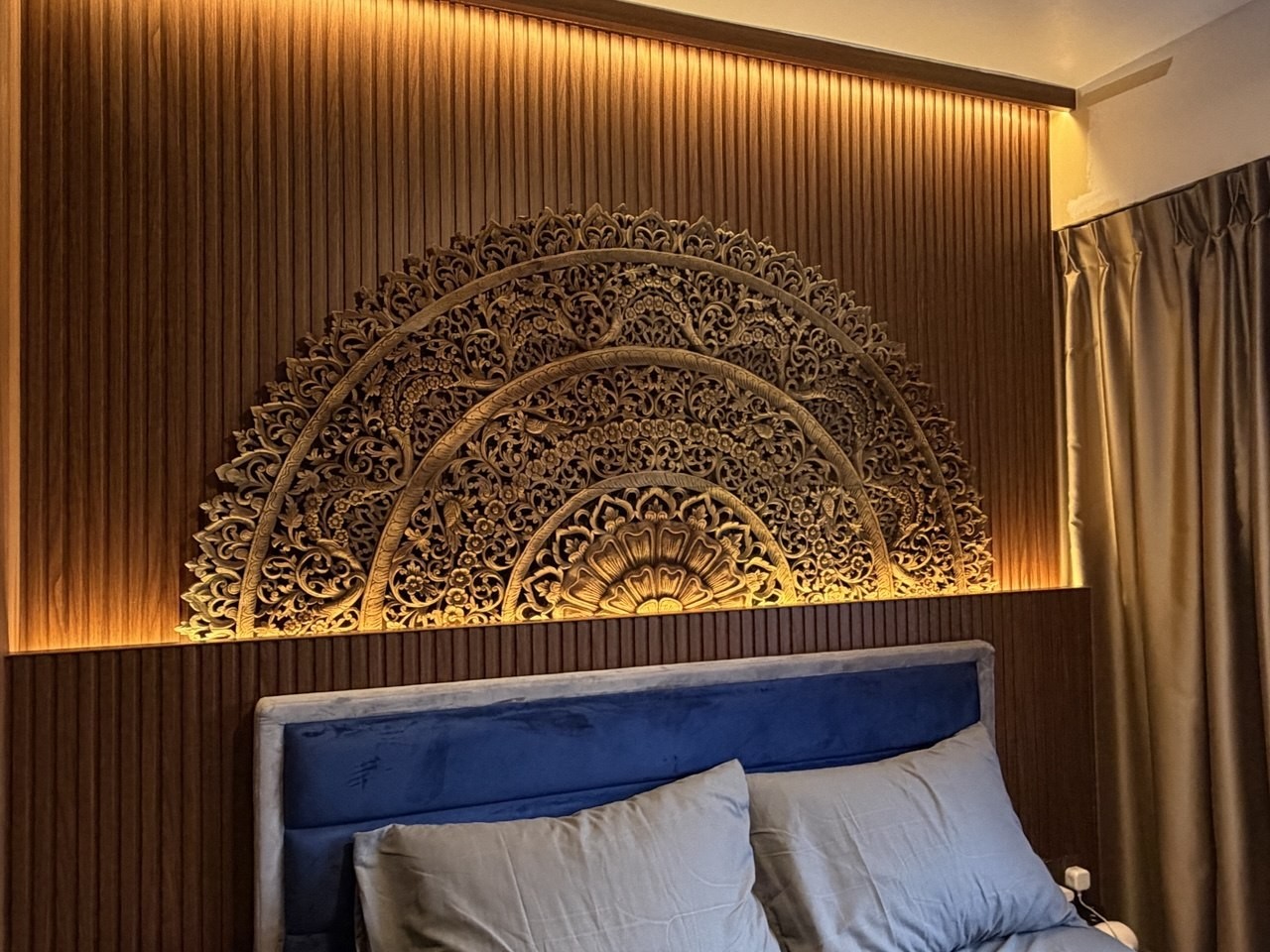 Carved Teak Lotus Mandala Headboard Panel view 3