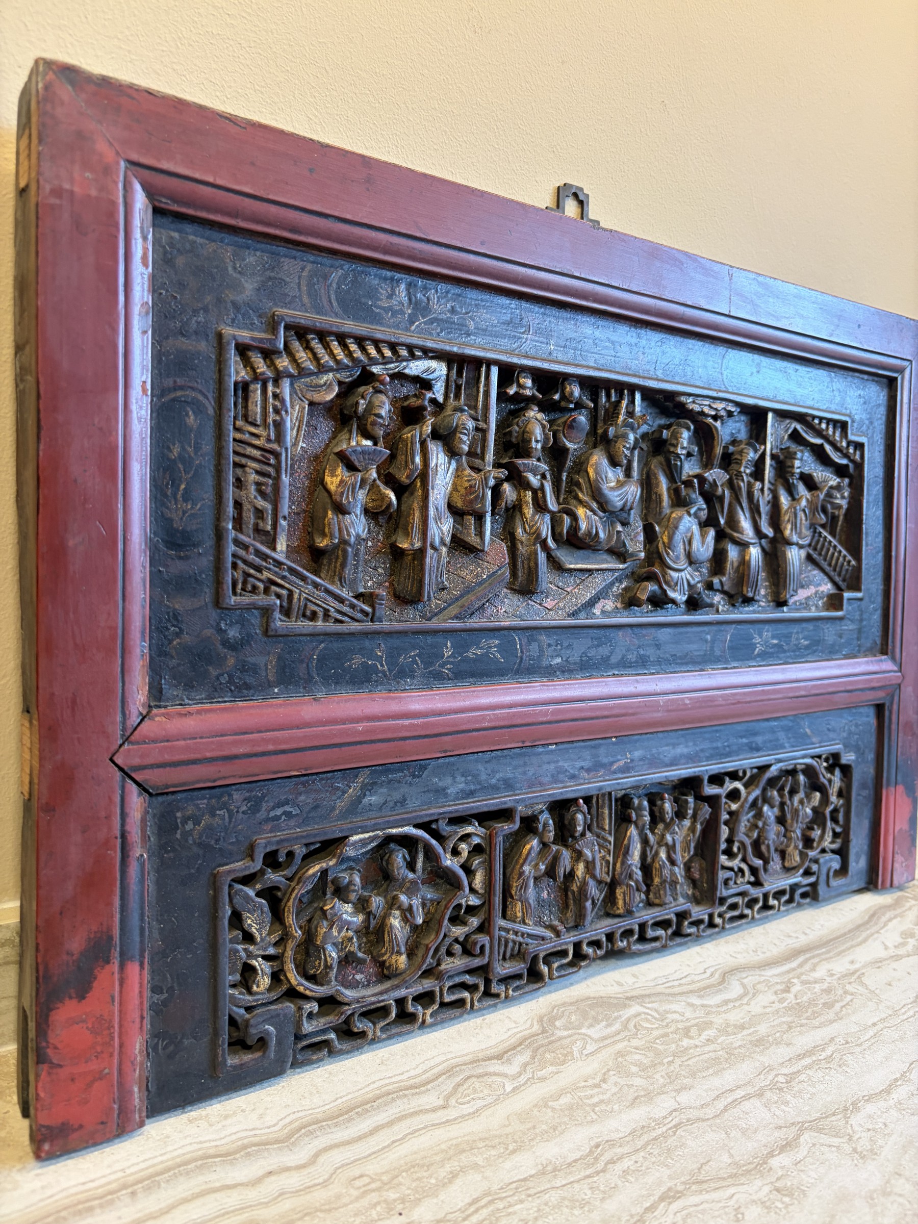 Teochew Gilt Lacquer Panel with Court Scenes view 3
