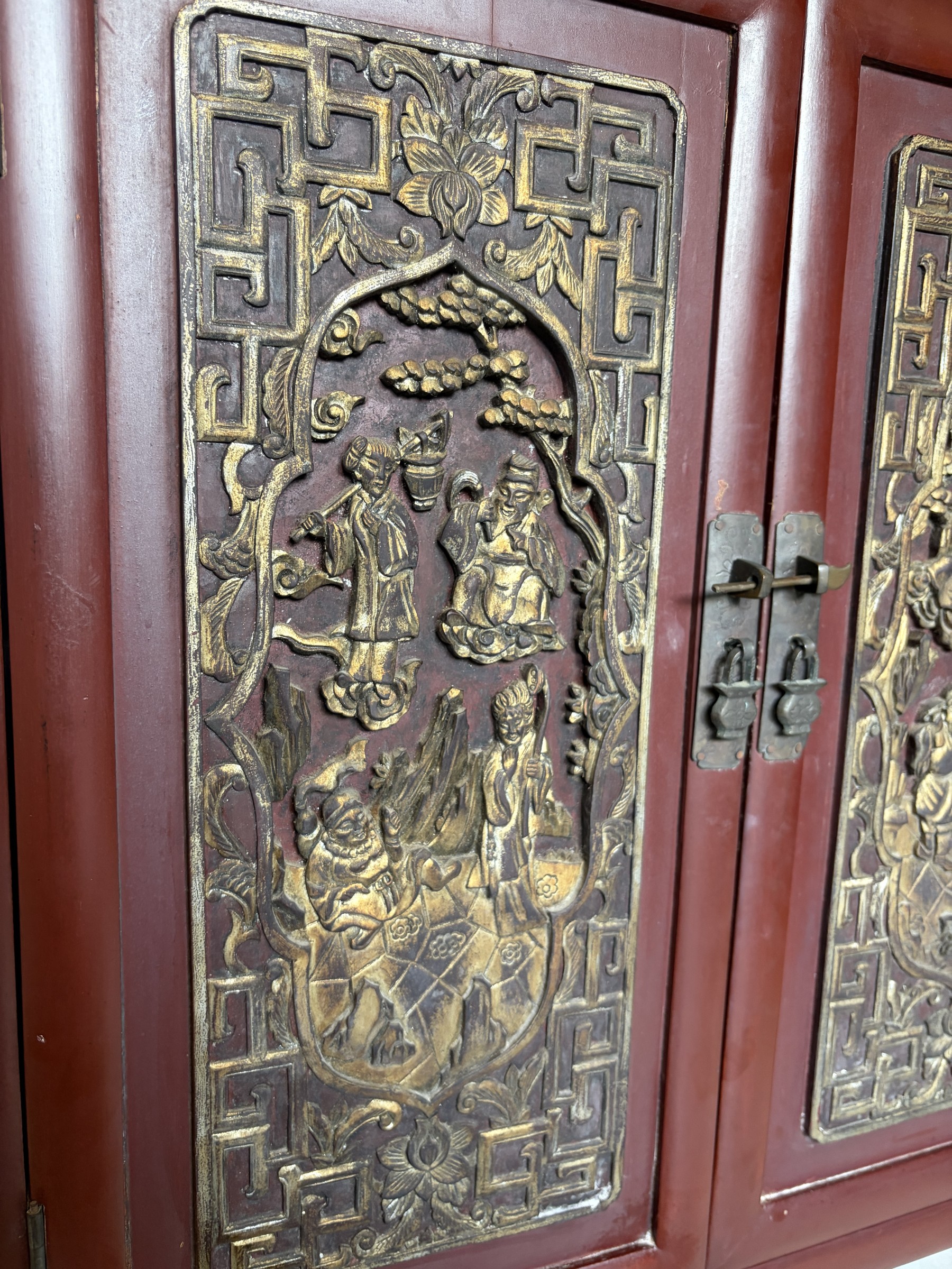 Teochew Red Lacquer Cabinet with Gilt Carved Panels view 4