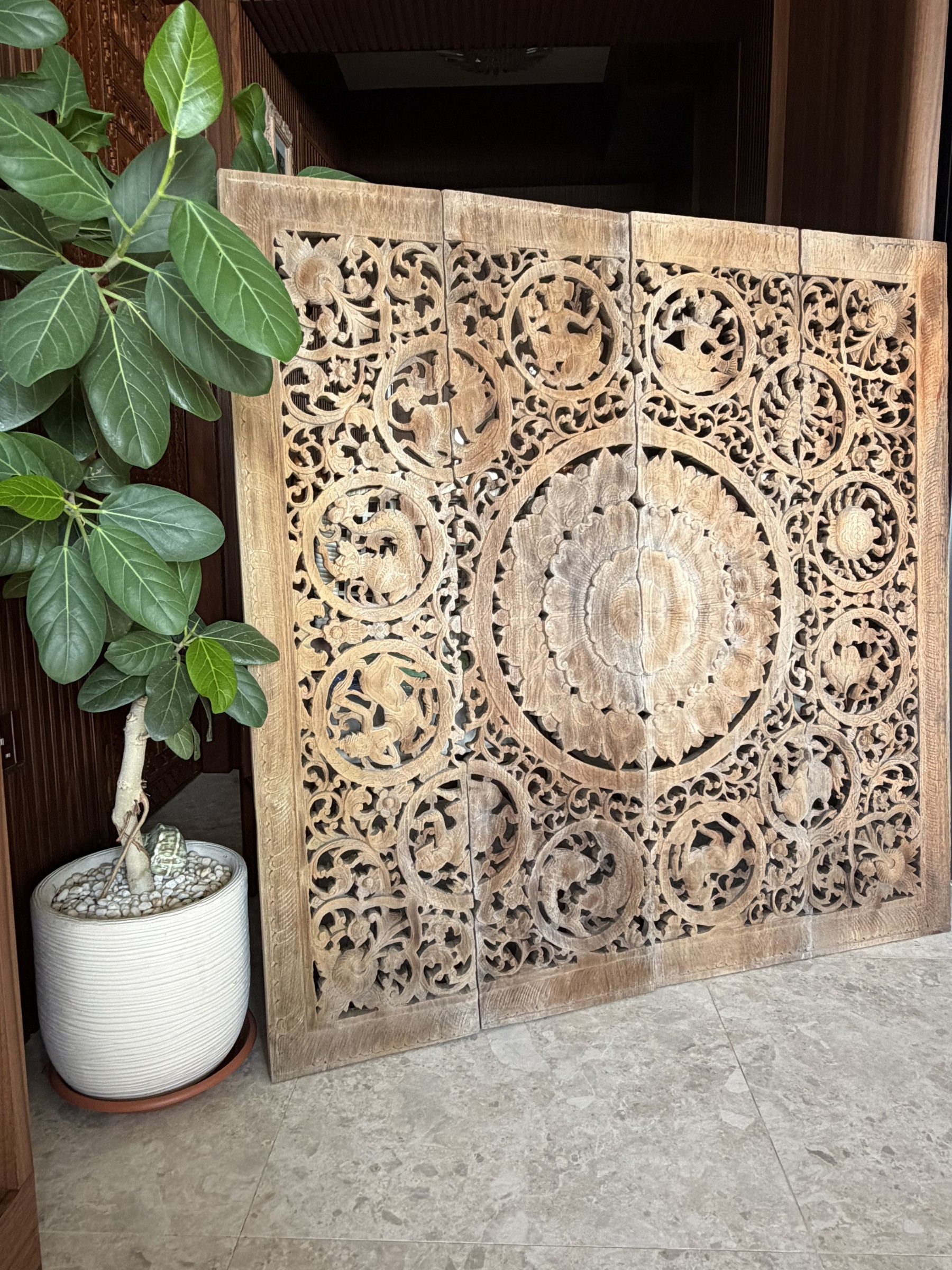 Carved Teak Zodiac Panel Set with Lotus Medallion view 3