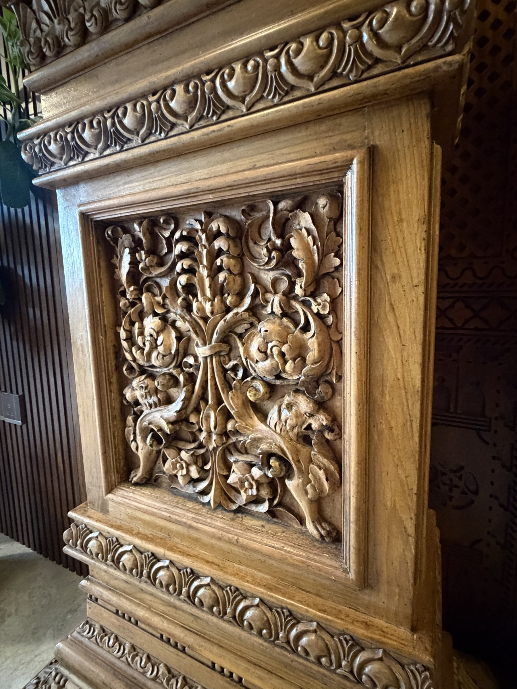 Carved Teak Pedestal with Lion and Acanthus Panels view 4