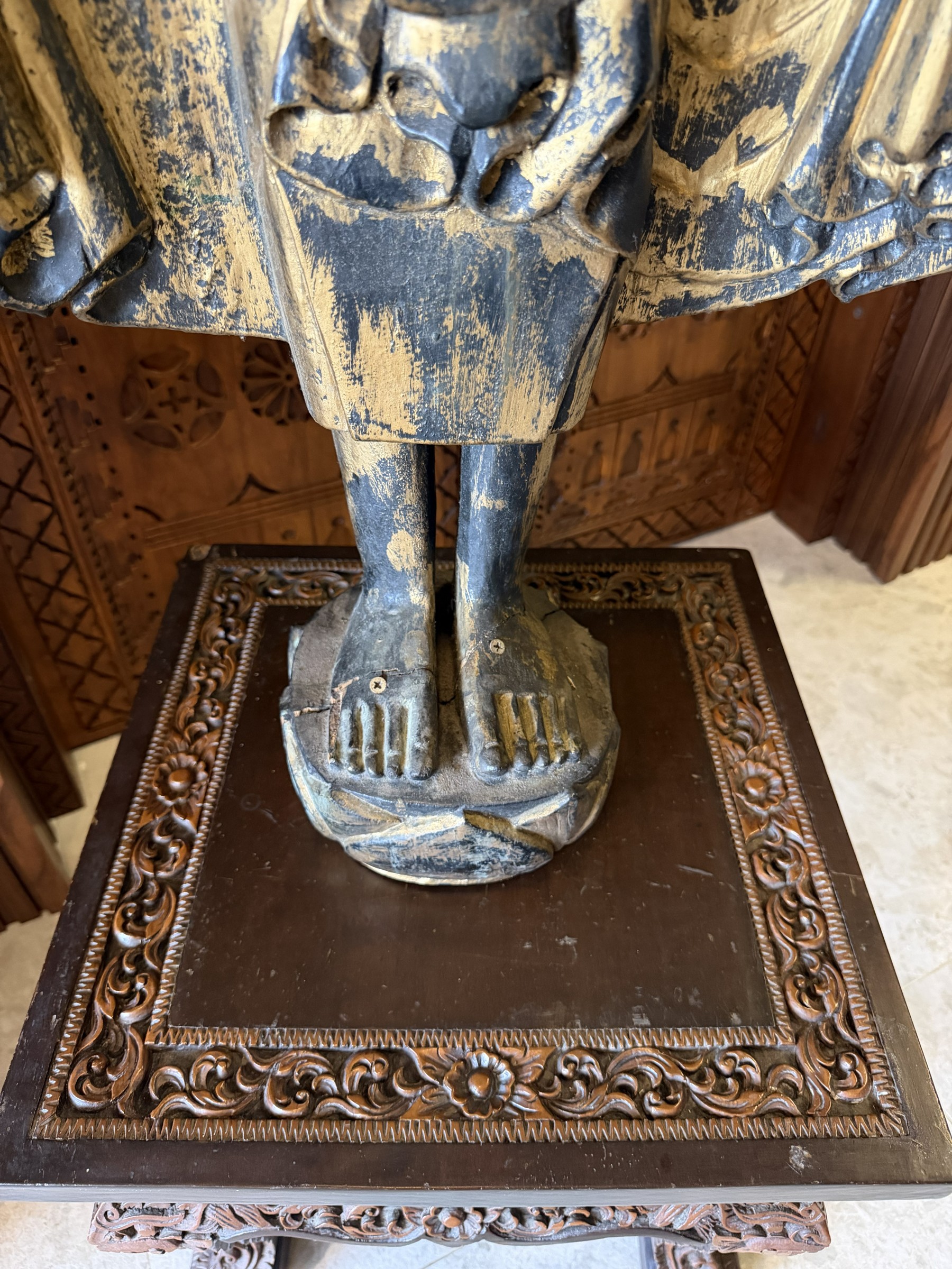 Carved Wood Standing Buddha with Carved Stand view 4