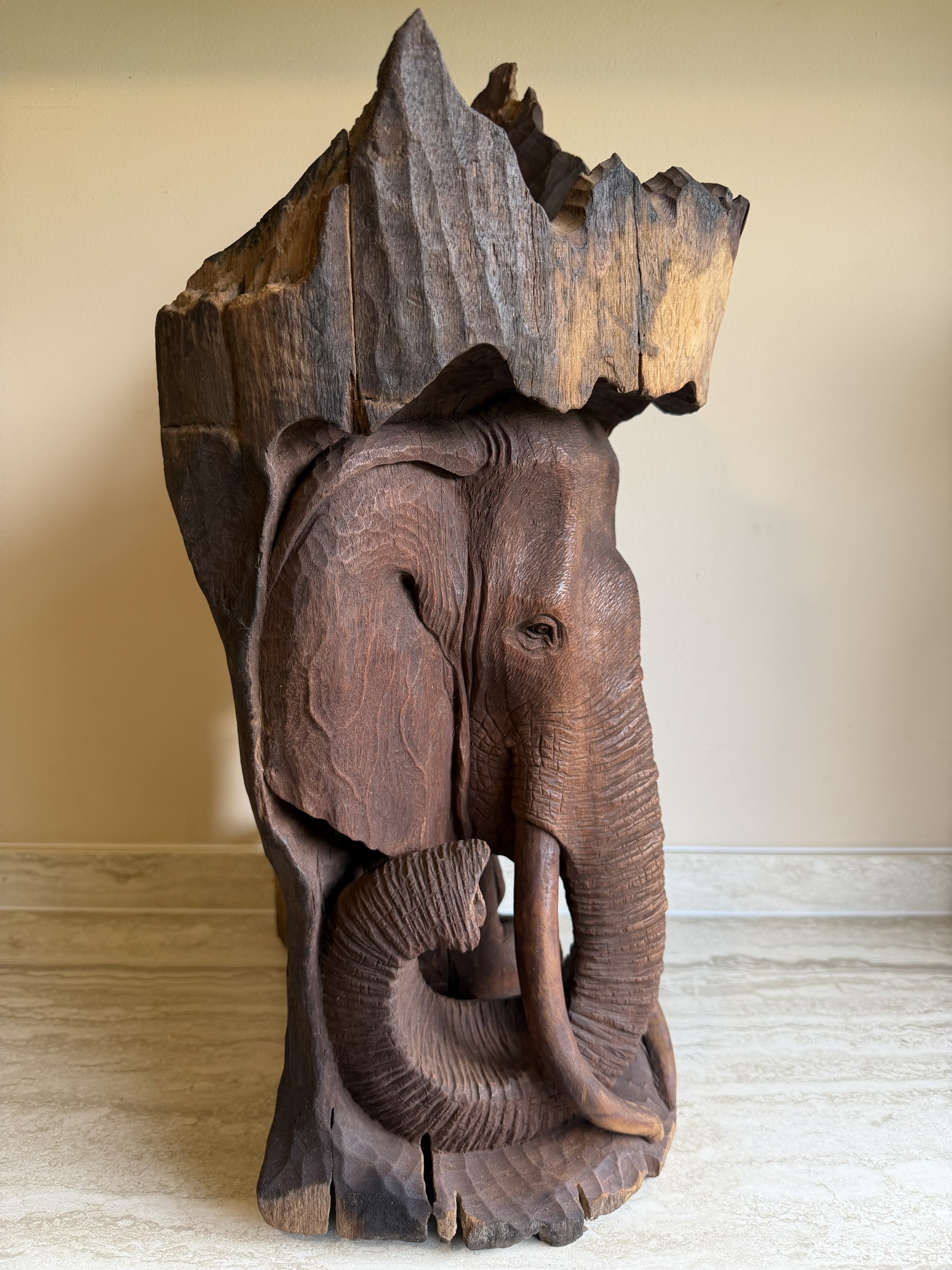 Elephant Mother and Calf Tree Trunk Carving view 4