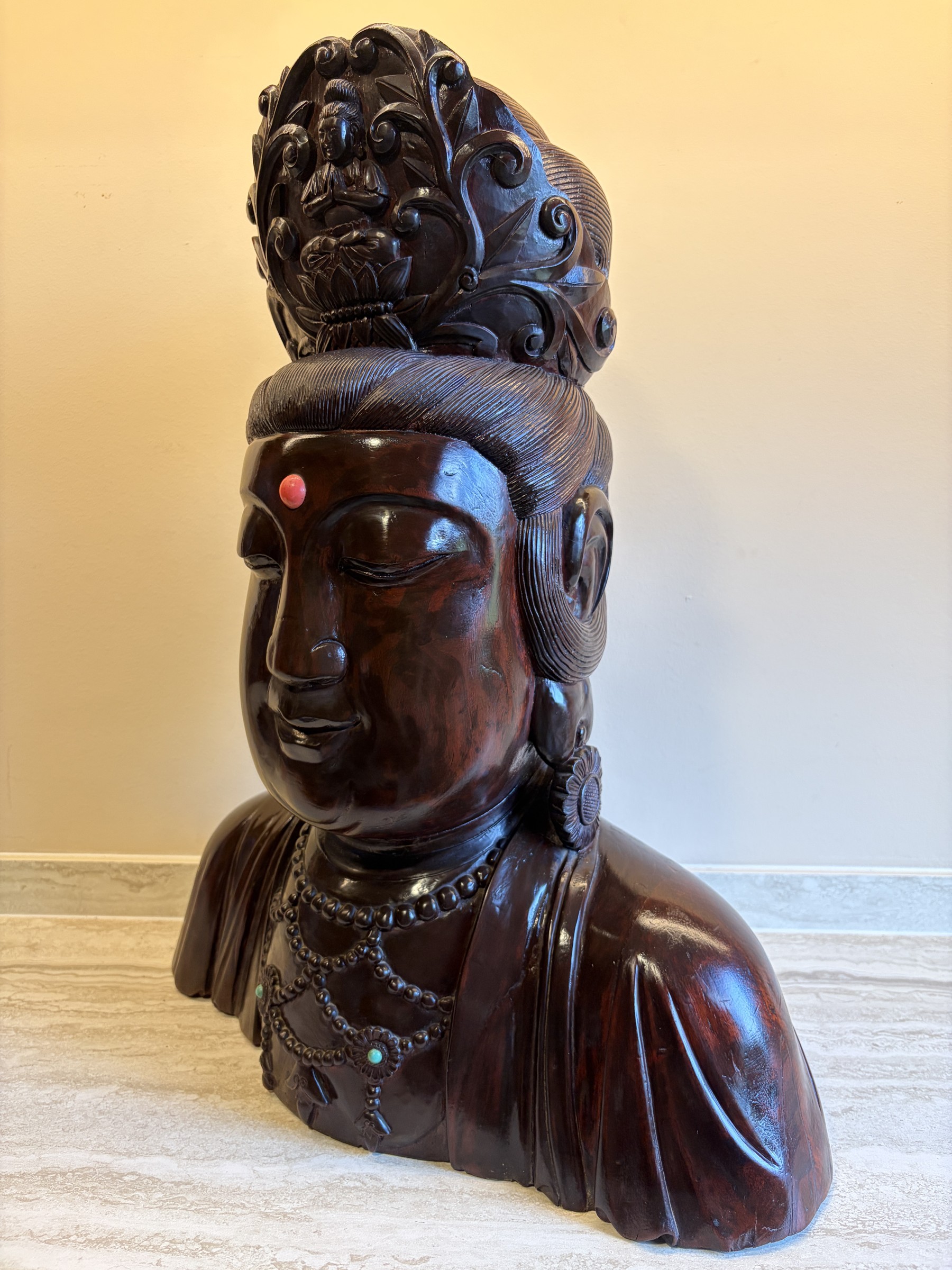 Carved Wood Bust of Guanyin with Amitabha Crown view 4