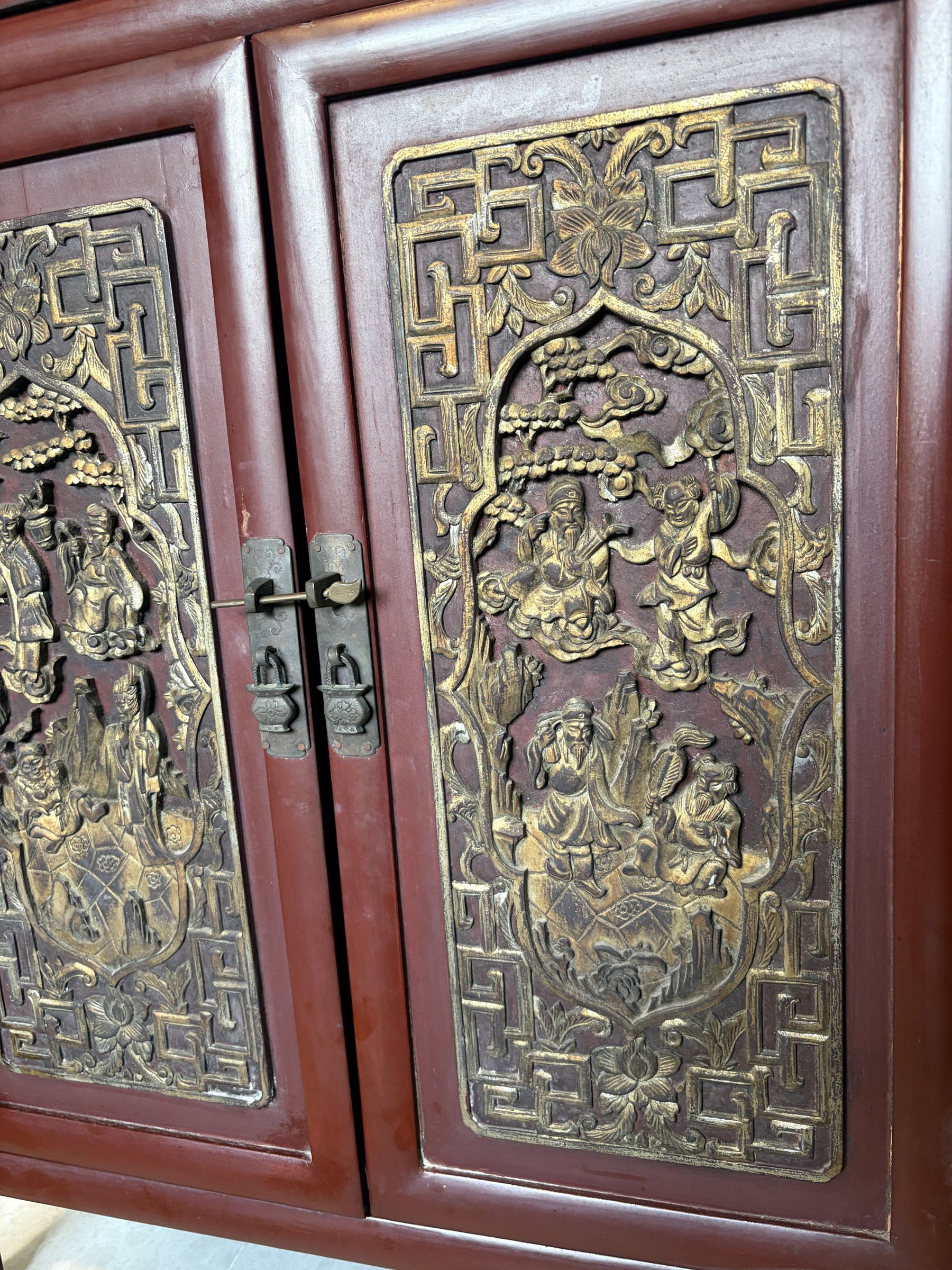 Teochew Red Lacquer Cabinet with Gilt Carved Panels view 5
