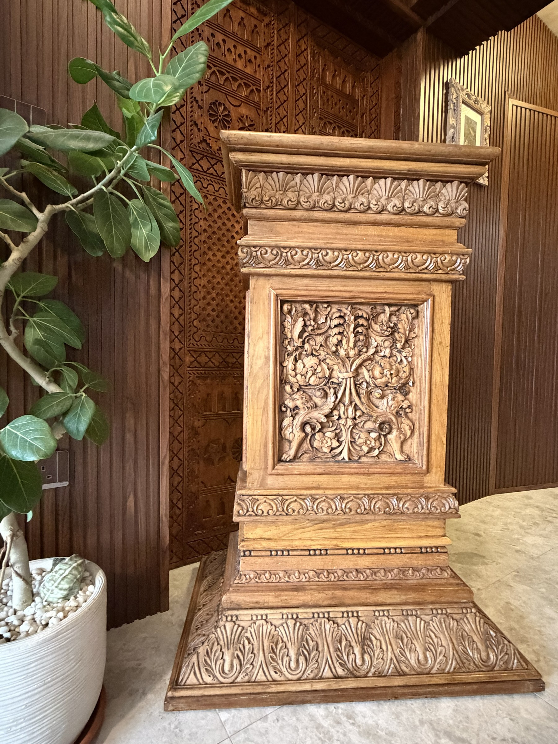 Carved Teak Pedestal with Lion and Acanthus Panels view 5