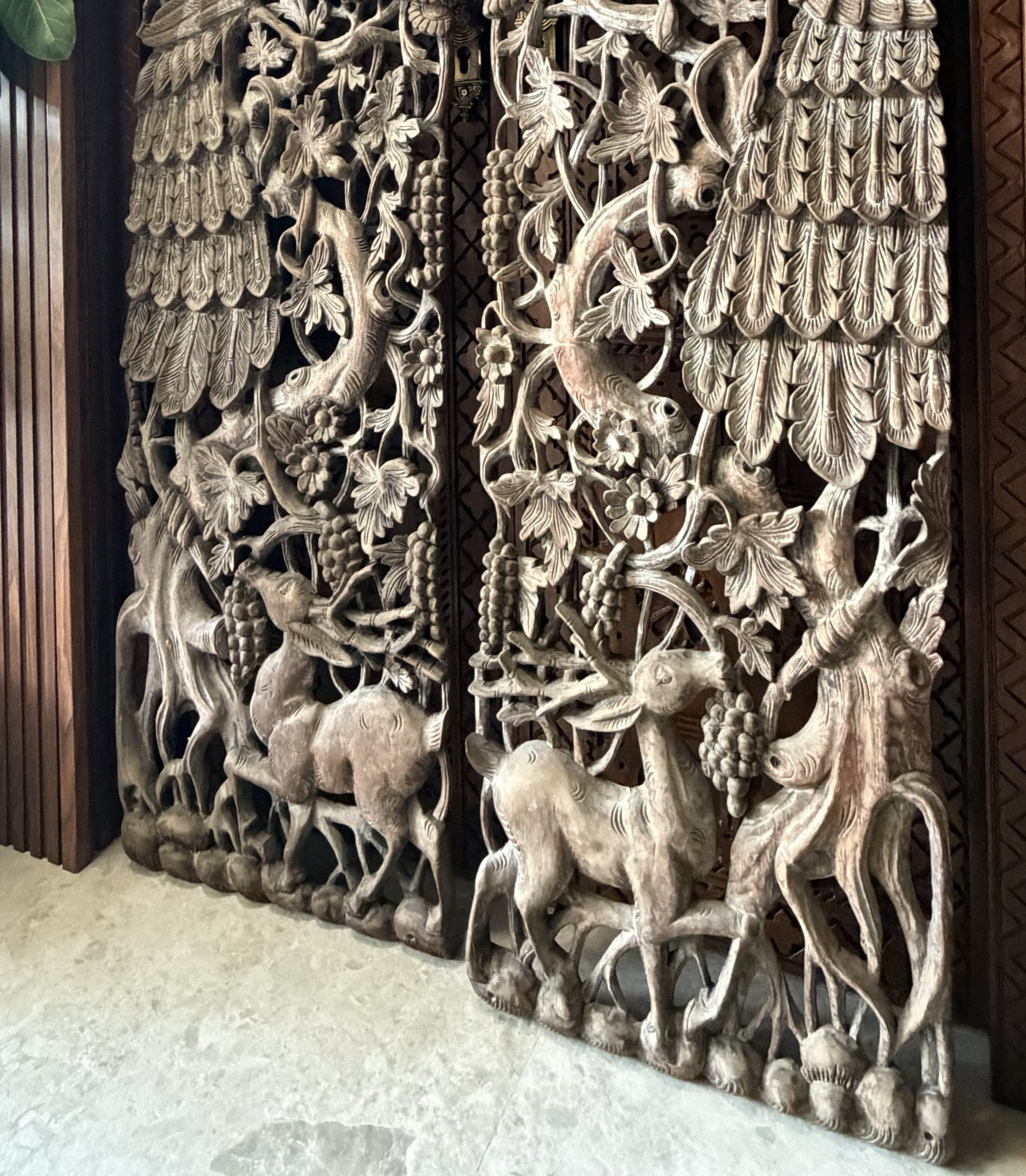 Pair of Carved Teak Wall Panels with Peacocks and Grapevines view 5