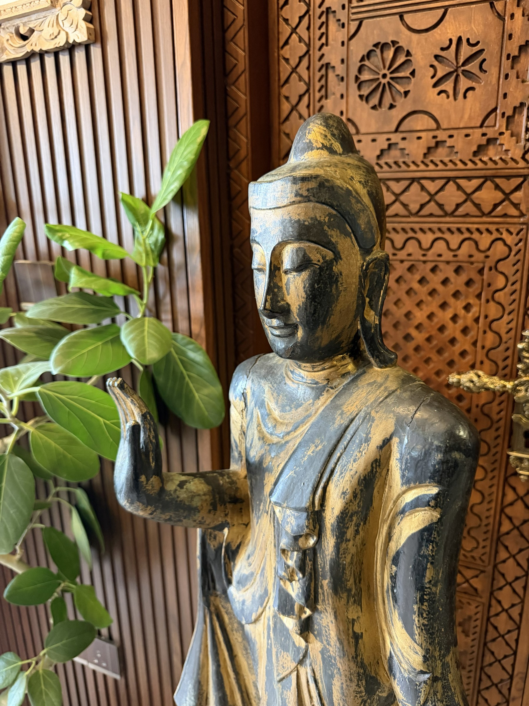 Carved Wood Standing Buddha with Carved Stand view 5