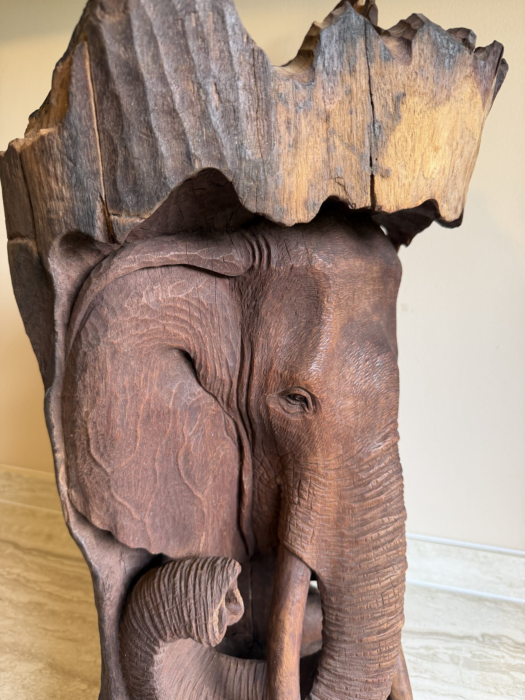 Elephant Mother and Calf Tree Trunk Carving view 5