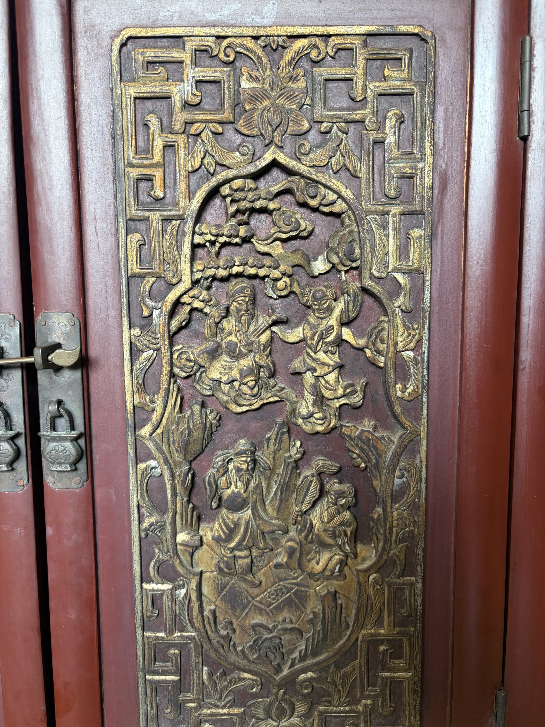 Teochew Red Lacquer Cabinet with Gilt Carved Panels view 6