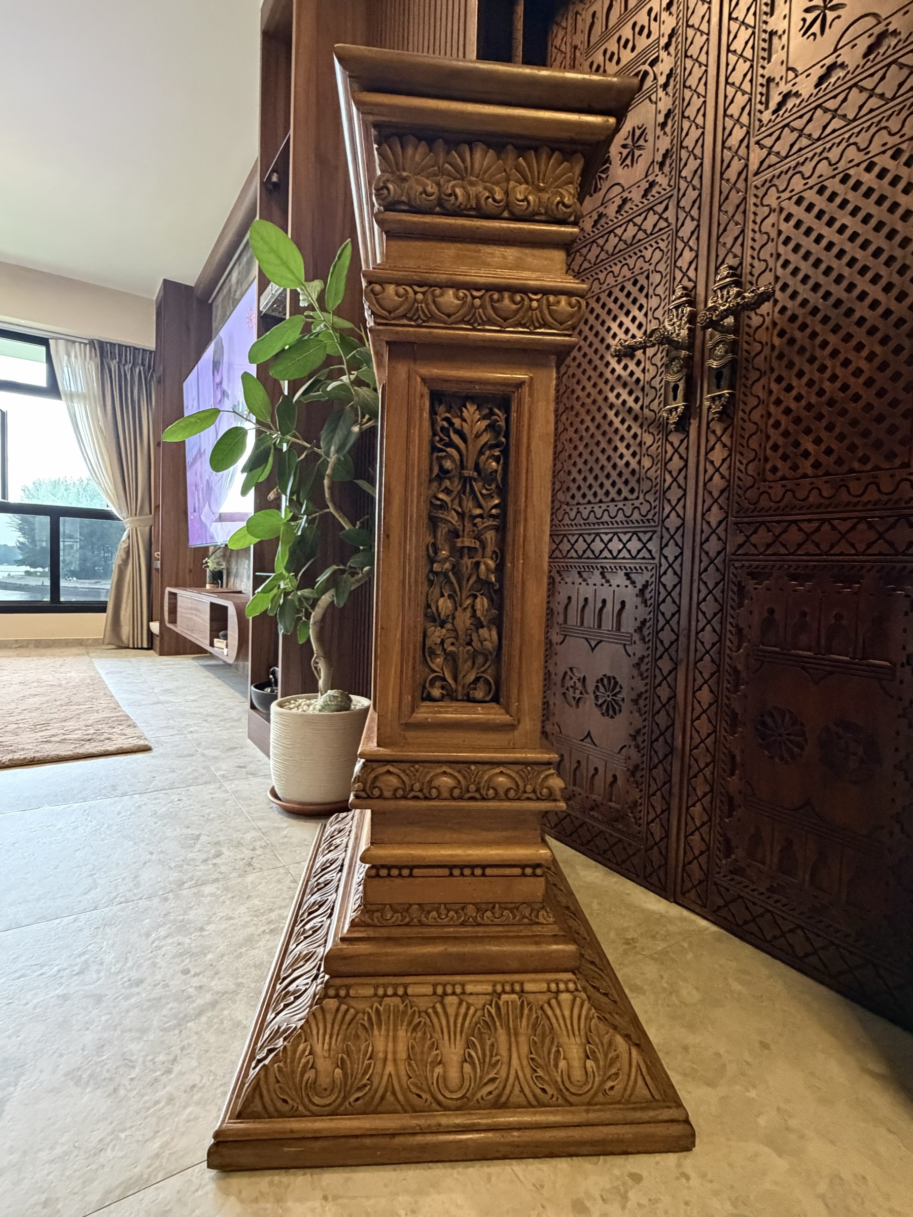 Carved Teak Pedestal with Lion and Acanthus Panels view 6