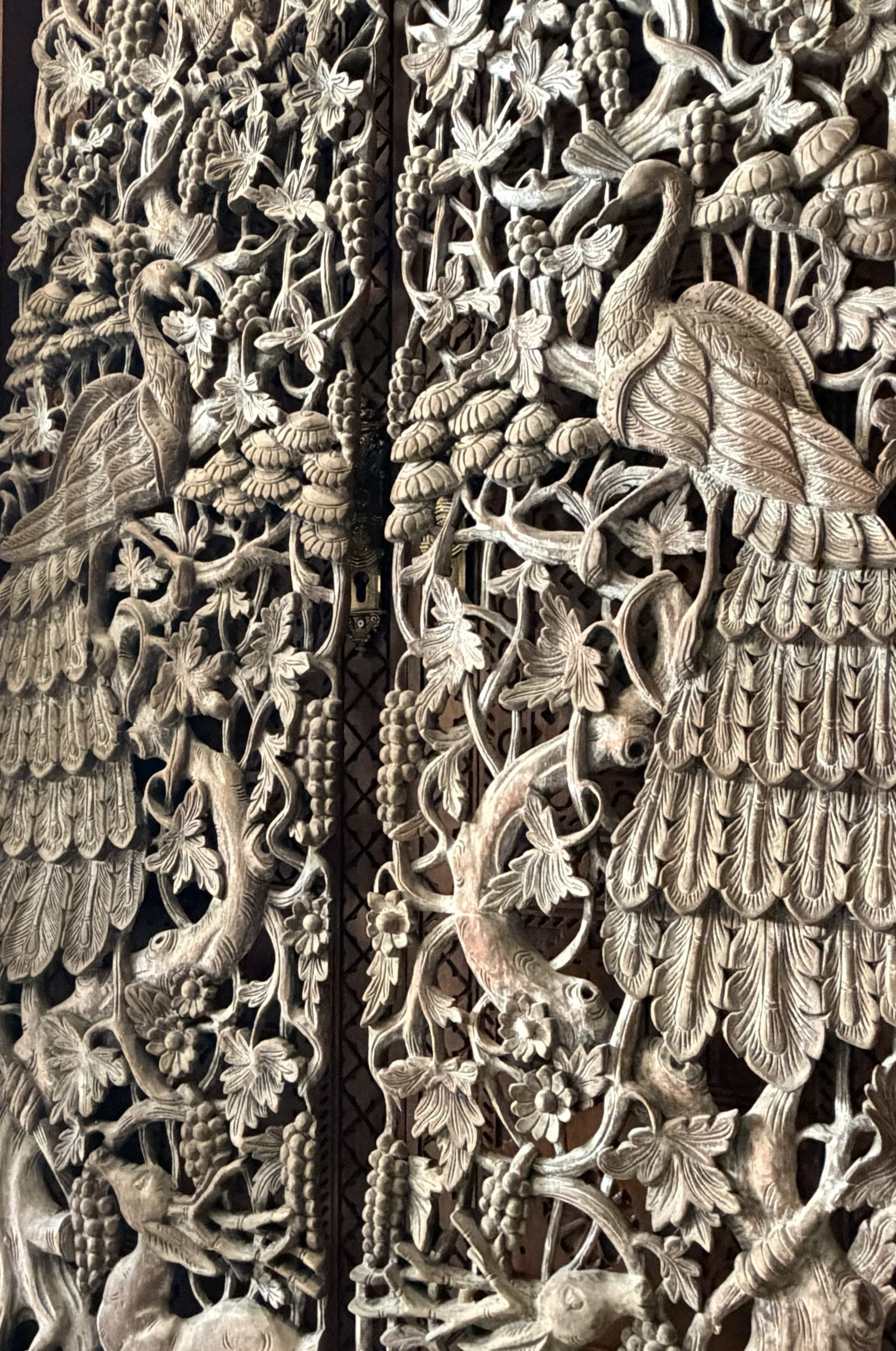 Pair of Carved Teak Wall Panels with Peacocks and Grapevines view 6