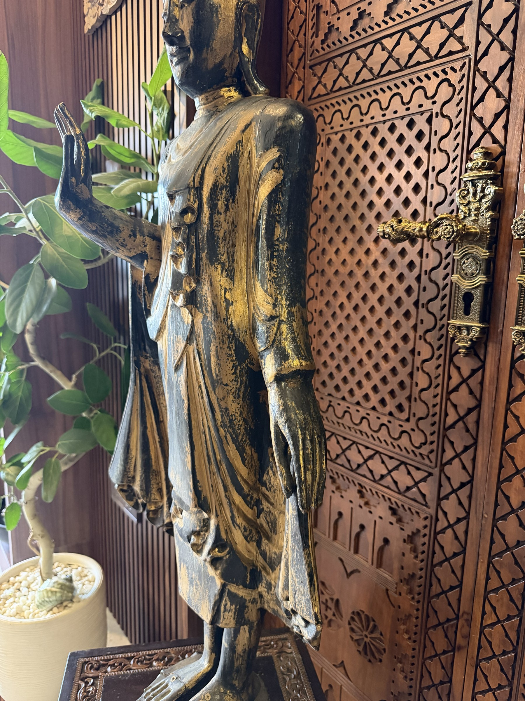 Carved Wood Standing Buddha with Carved Stand view 6