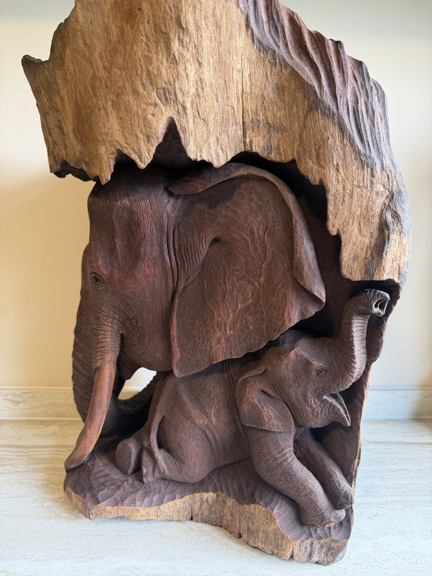Elephant Mother and Calf Tree Trunk Carving view 6