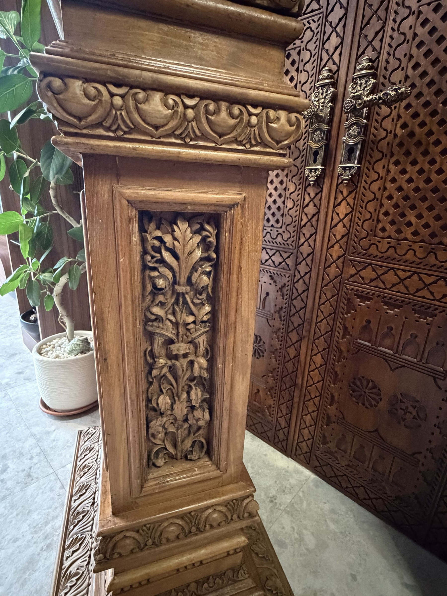 Carved Teak Pedestal with Lion and Acanthus Panels view 7