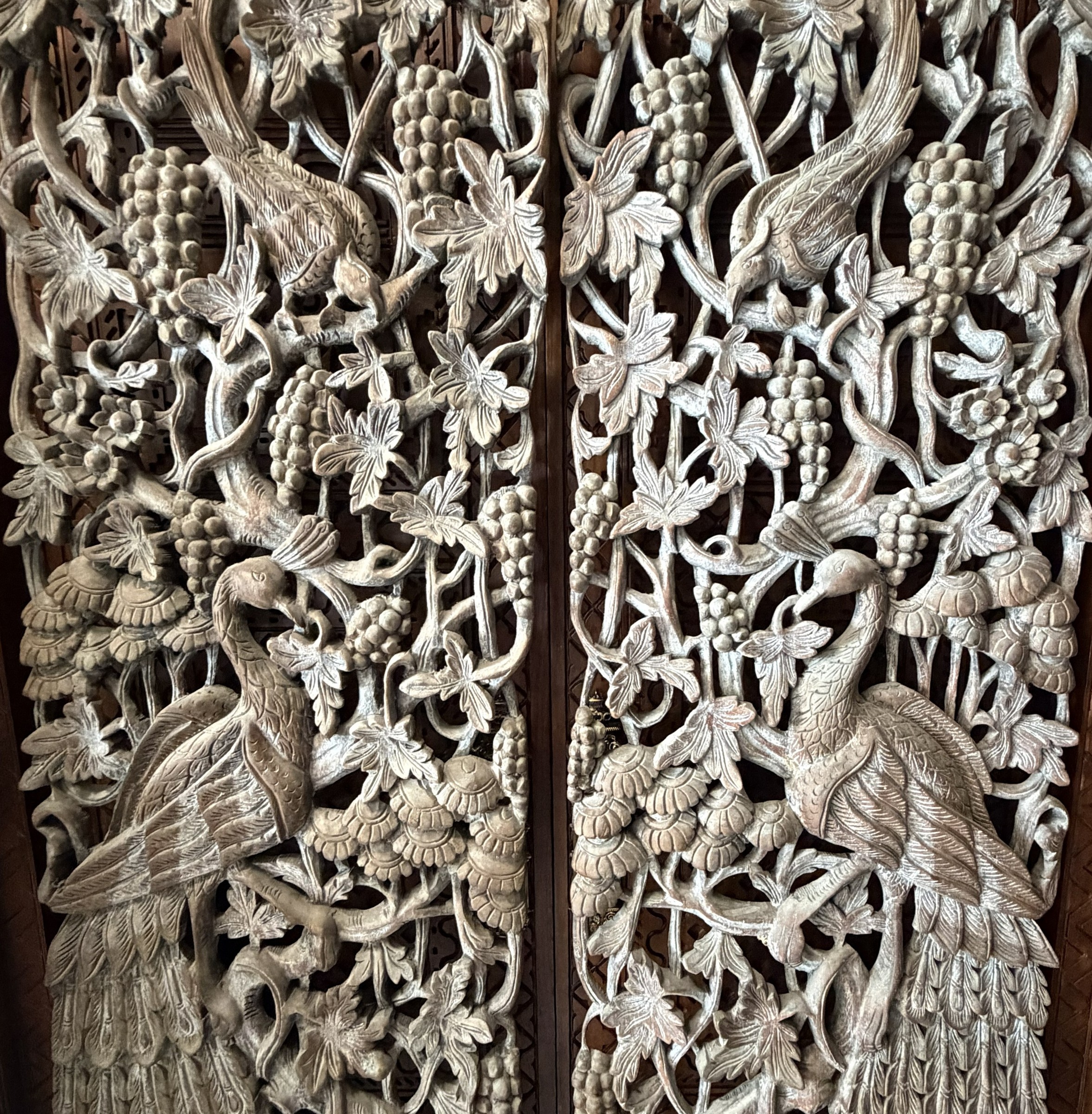 Pair of Carved Teak Wall Panels with Peacocks and Grapevines view 7